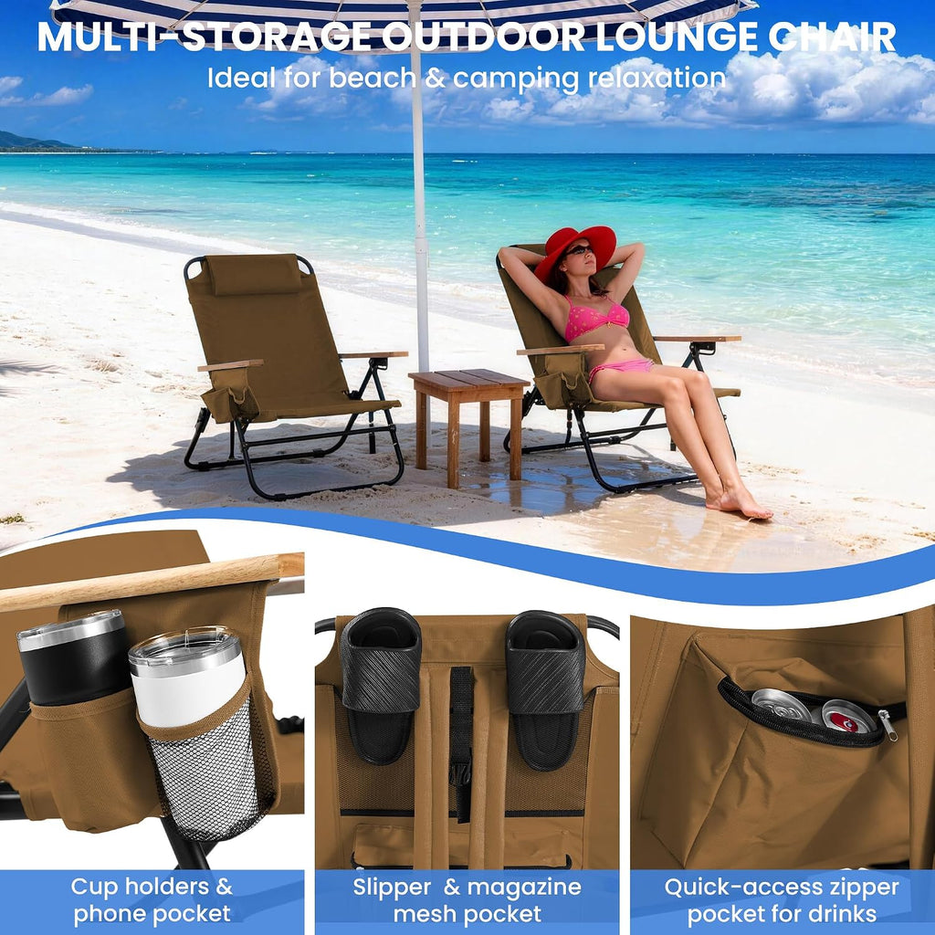 2 Pack Premium 5-Position Reclining Camping Chair - Portable Folding Lightweight Outdoor Chair with Wooden Armrests, Headrest & Pockets, 350lbs Heavy Duty for Beach, Patio, Backyard, Brown