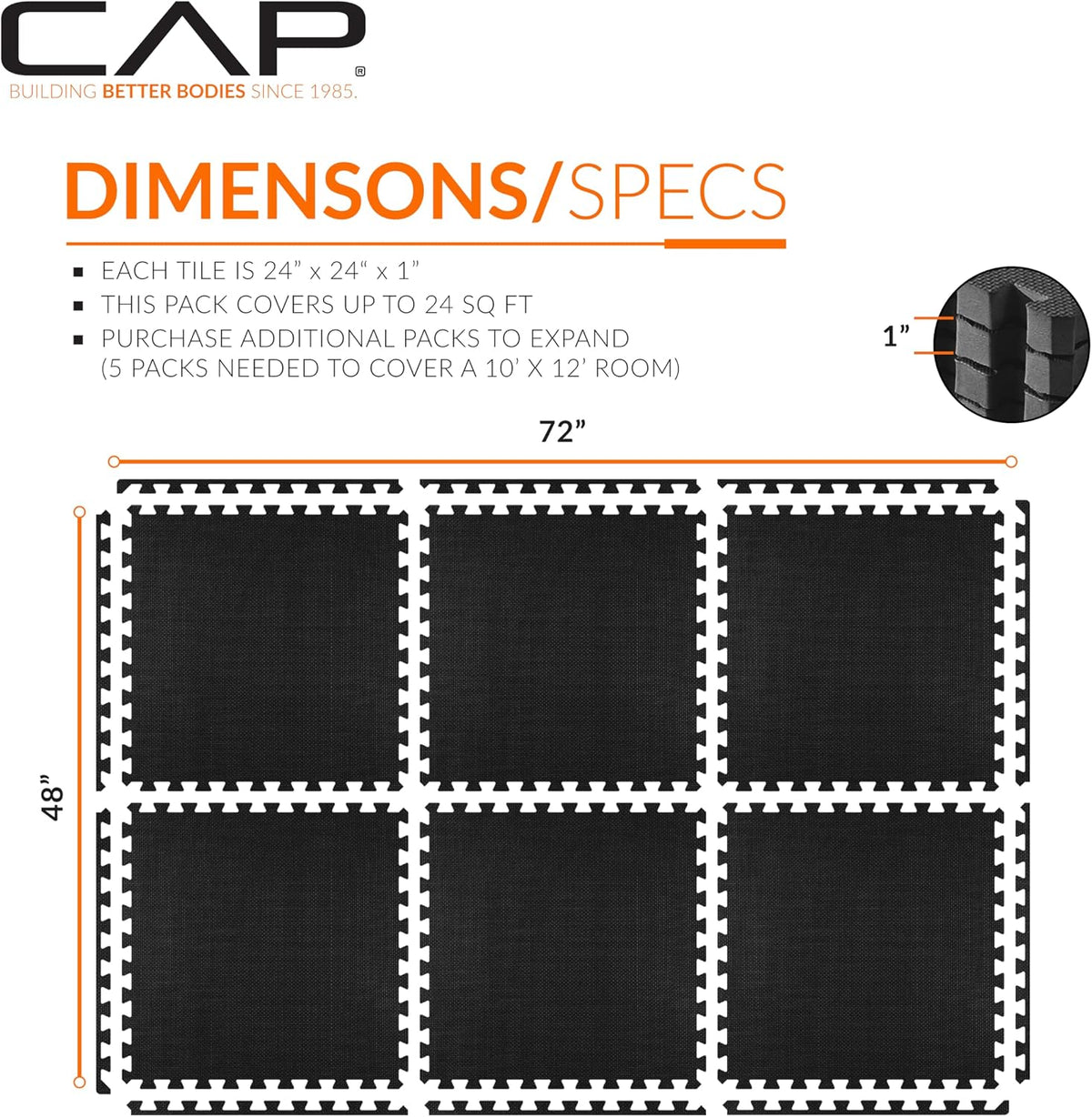 CAP 24-Inch EVA Interlocking Puzzle Mat, 1-Inch, Black T Pattern, 1-Pack