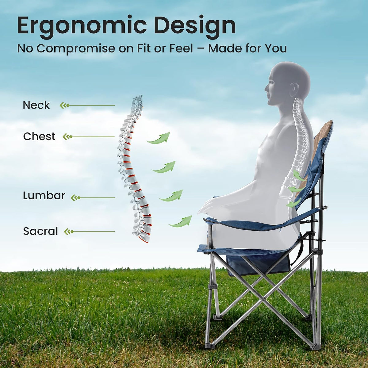 2 Pack Folding Camping Chairs for Adults - High Back Padded Outdoor Lawn Chairs with Lumbar Support & Cup Holder, 400lbs Heavy Duty Portable Camping Chairs Set (Blue & Brown, 2 PCS)