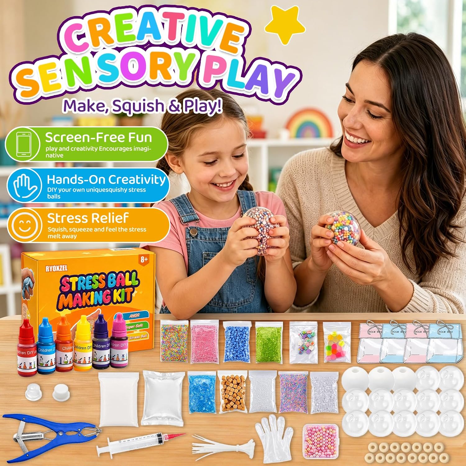 DIY Stress Ball Squishy Making Kit, Make Your Own Squishy Ball Craft Classroom Prize, 15 Empty Big Squishy Skins, 1.2 lb Fillers, 17.6 oz Slime, 3.5 oz Clay, Opening Plier, 6 Coloring, Gift-Ready