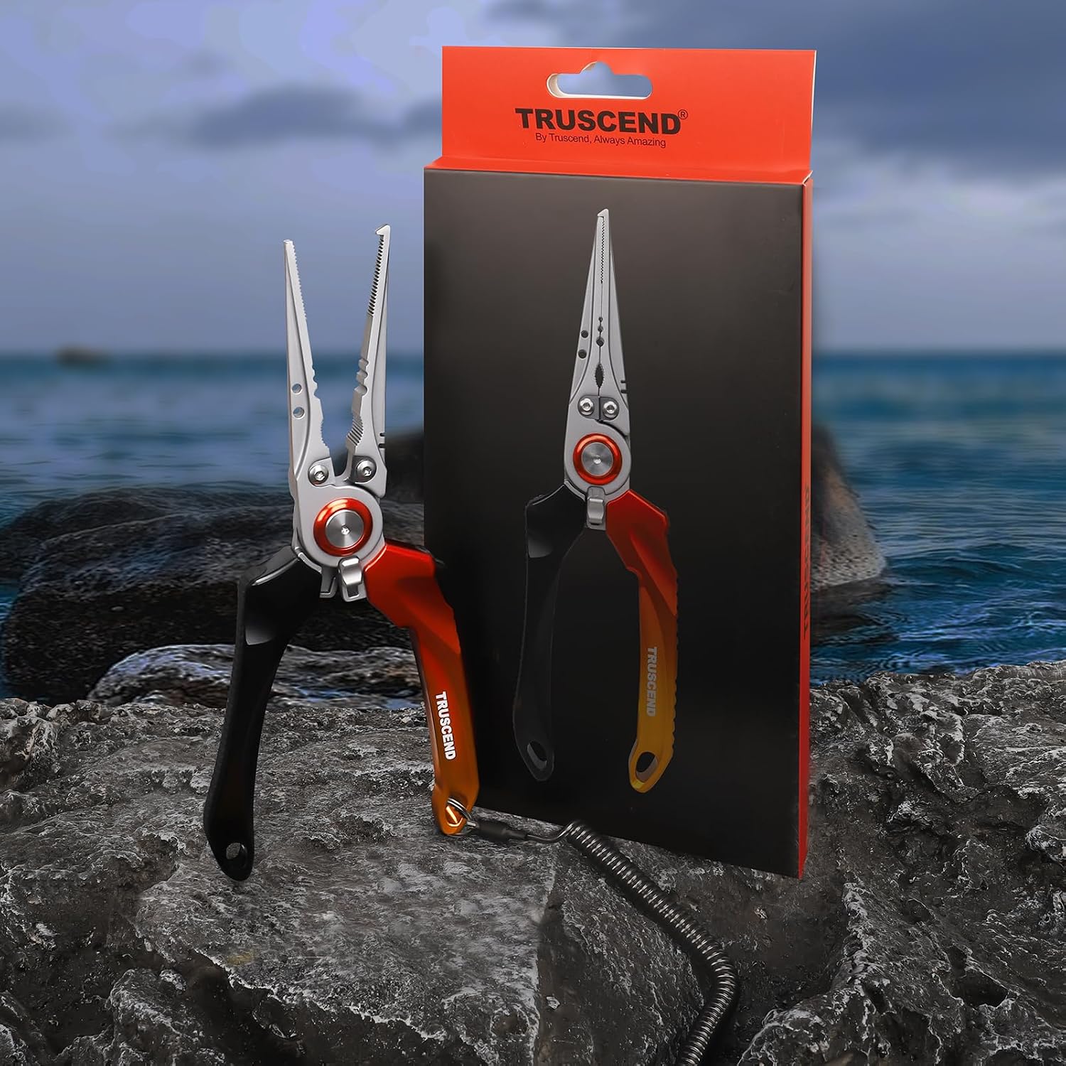 TRUSCEND Easy Use Lockable Fishing Pliers with Tungsten Carbide Cutter, Innovative Ergonomic Handy Handle, Saltwater Corrosion Resistant Teflon Coated Fishing Tool, Light Multi-Function Fishing Gear