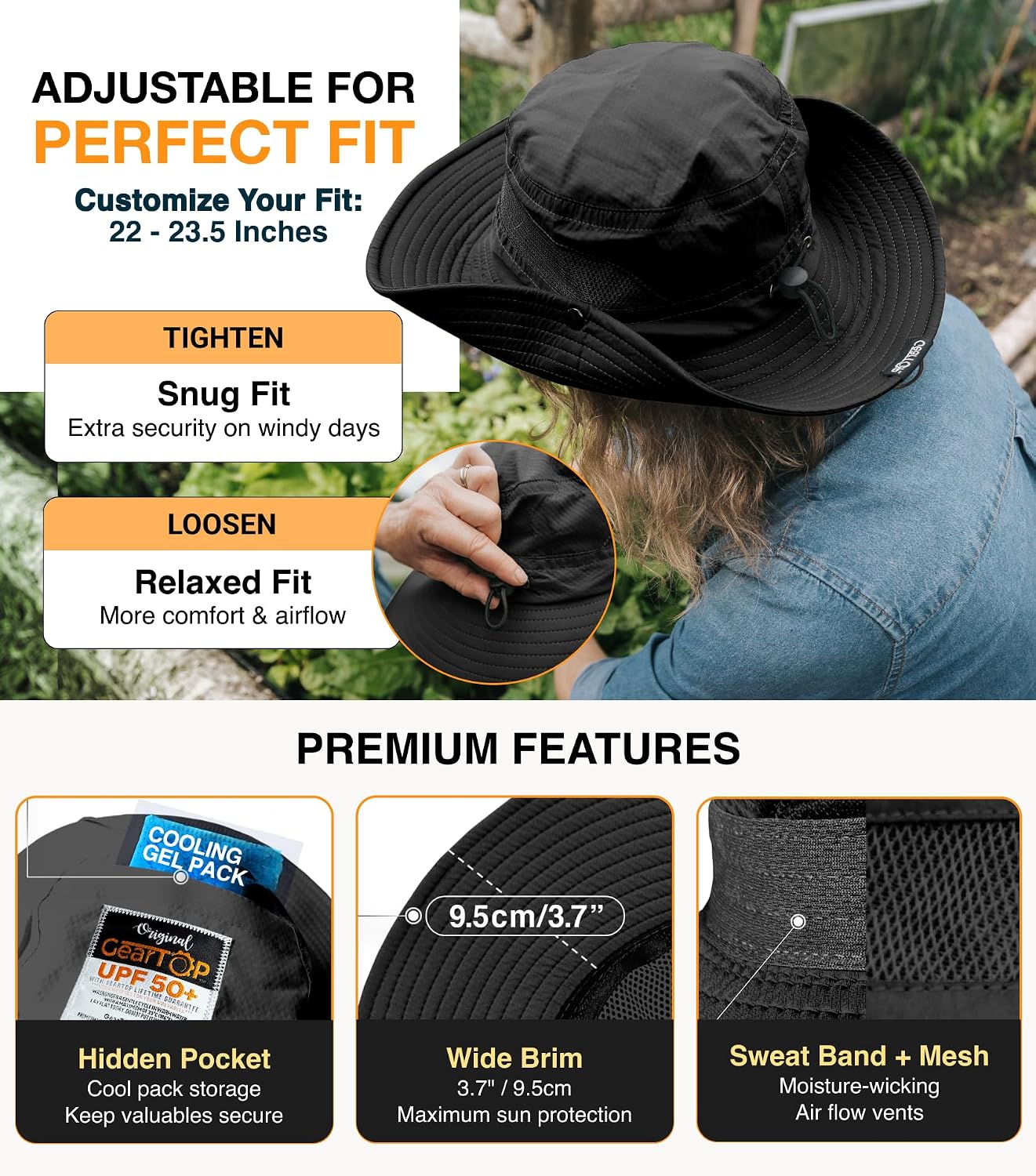 GearTOP Safari Hat for Men Sun Hats for Women UV Protection UPF 50+ Fishing, Gardening, Hiking Hat (22-23 1/2")