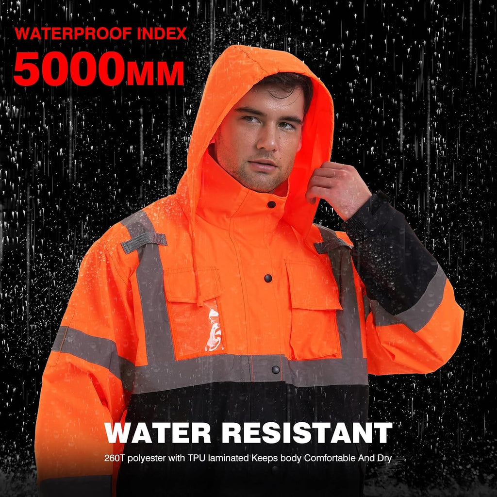 SKSAFETY Hi Vis Safety Rain Jacket for Men, Construction Work Rain Gear Heavy Duty Class 3 Rain Coat Waterproof Lightweight
