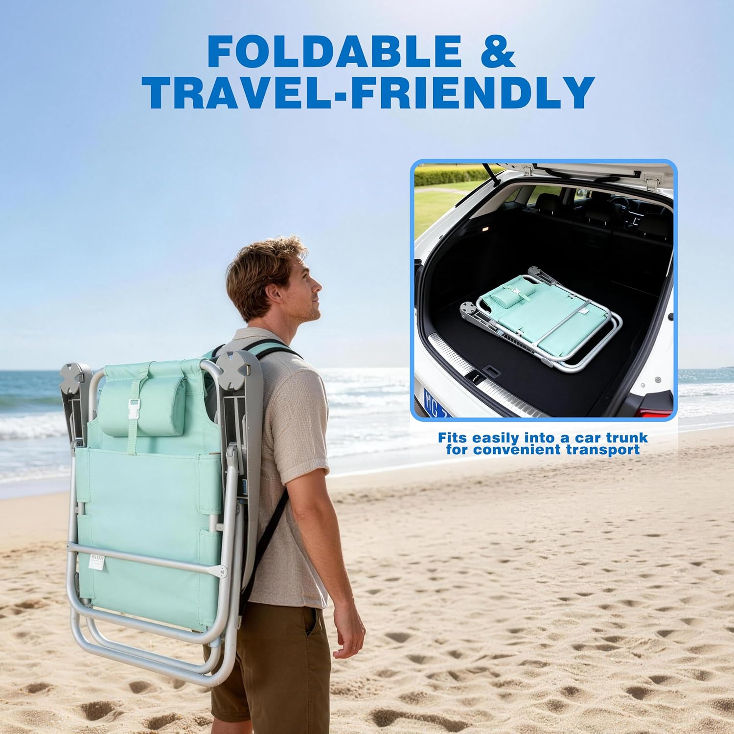 SUNNYFEEL Extra Wide Low Beach Chair 2 Pack 5 Position Lay, XL Oversized Portable Folding Camping Chairs with Cup Holder for Outdoor/Sand, Foldable Backpack Beach Chair for Adults Heavy Duty 500 LBS