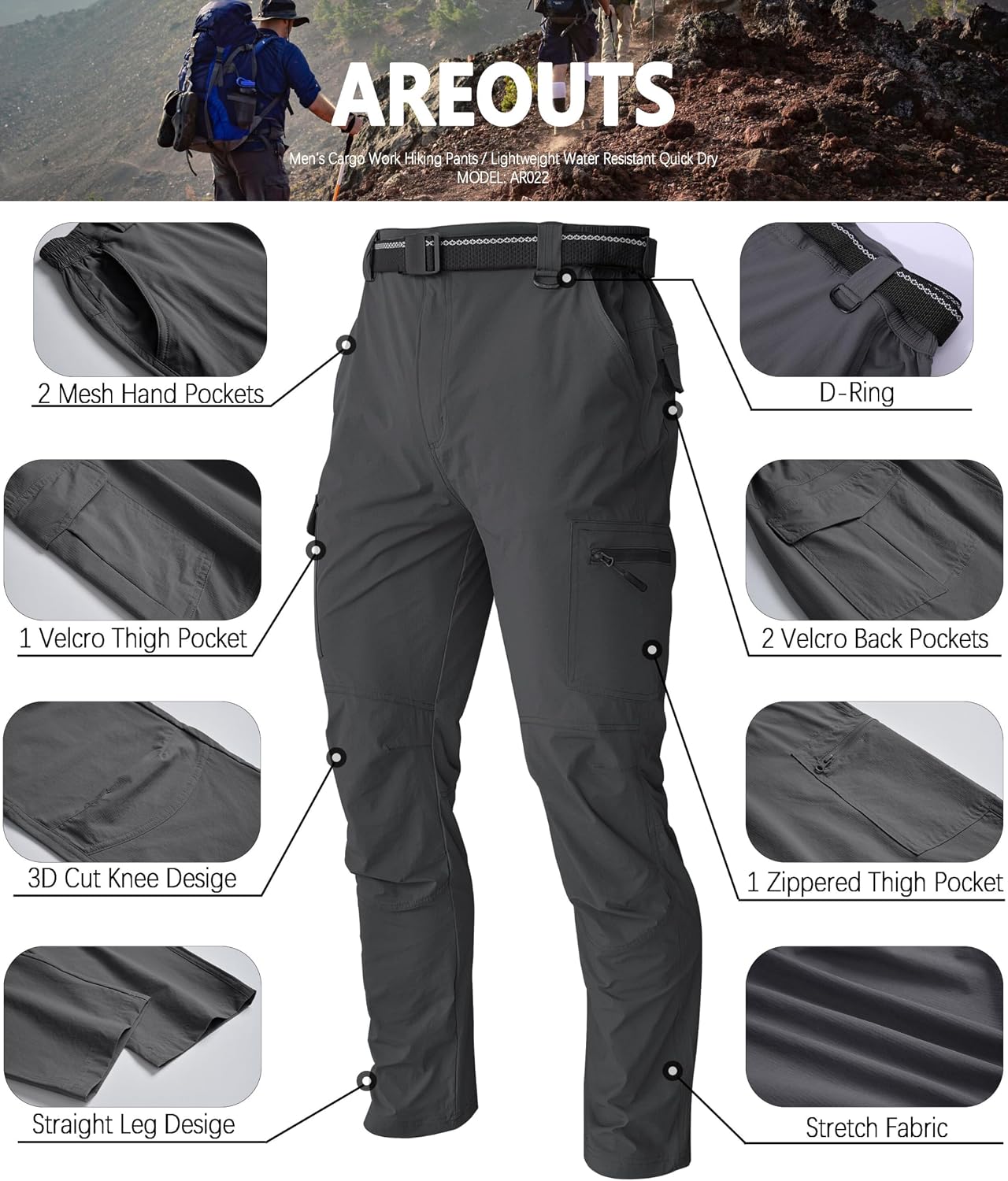 Men's Cargo Work Hiking Pants Lightweight Water Resistant Quick Dry Fishing Travel Camping Outdoor Breathable Multi Pockets