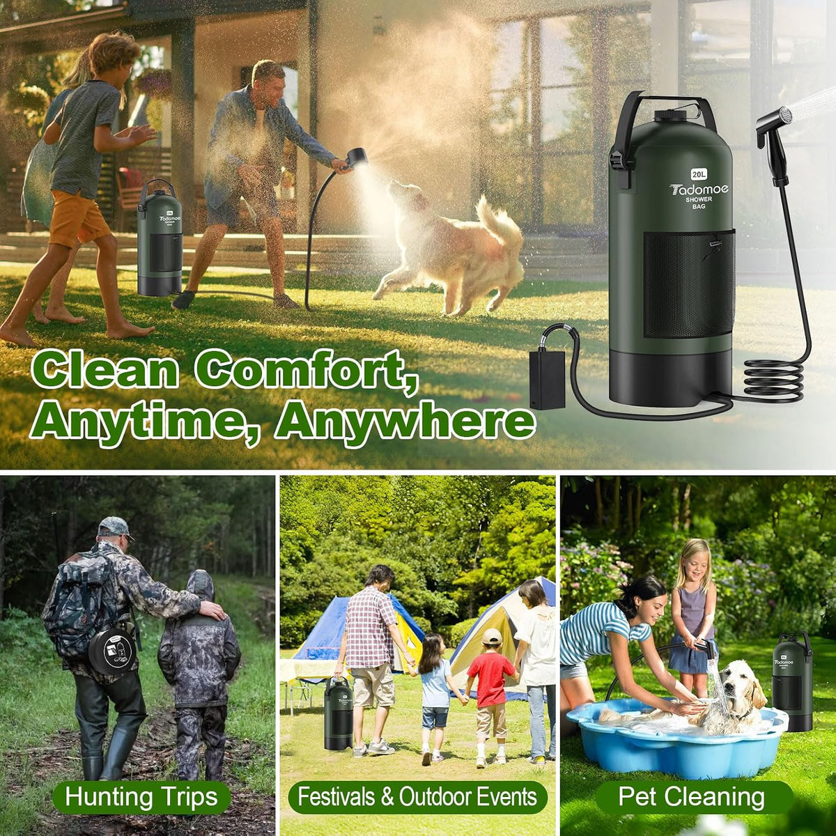 Portable Camping Shower with Battery Powered Pump, 5 Gal/20L Solar Heated Camp Shower Bag, 3-Mode Shower Head & Travel Case for Outdoor Camping, Beach Rinse & Dogs
