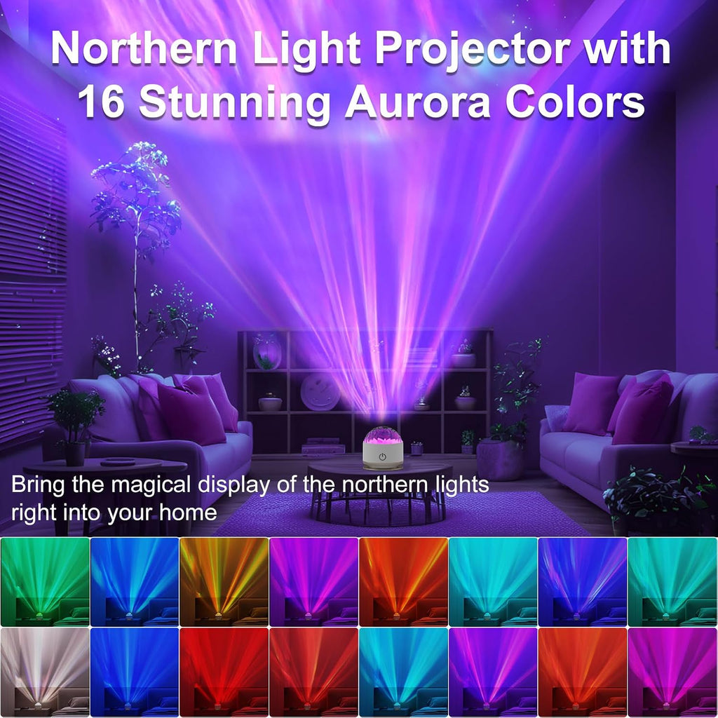 HUMIIEYE Northern Light Projector, Battery Operated Aurora Night Light, 16 Colors Galaxy Lamp Ocean Wave Ceiling Projector Mood Ambient Lighting for Bedroom Party Adults Kids Room Toddler Girl Gift