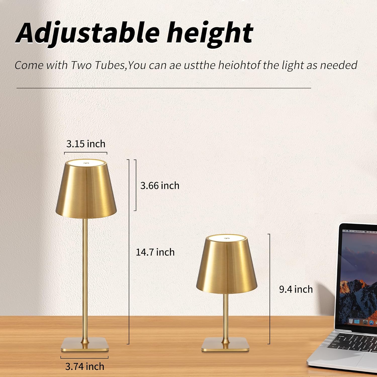 Mr. White Outdoor Waterproof Cordless Wireless Rechargeable Portable Top Touch Battery Operated Powered LED Table Lamp Desk Lamp Lights for Restaurant Kitchen Patio Dinner Dining (Gold)