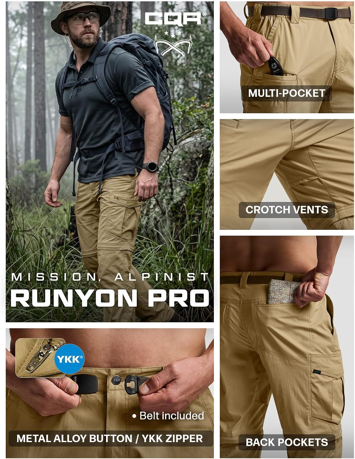 CQR Men's Convertible Cargo Tactical Pants, Water Resistant Outdoor Hiking Pants, Zip Off Lightweight Stretch Work Pants