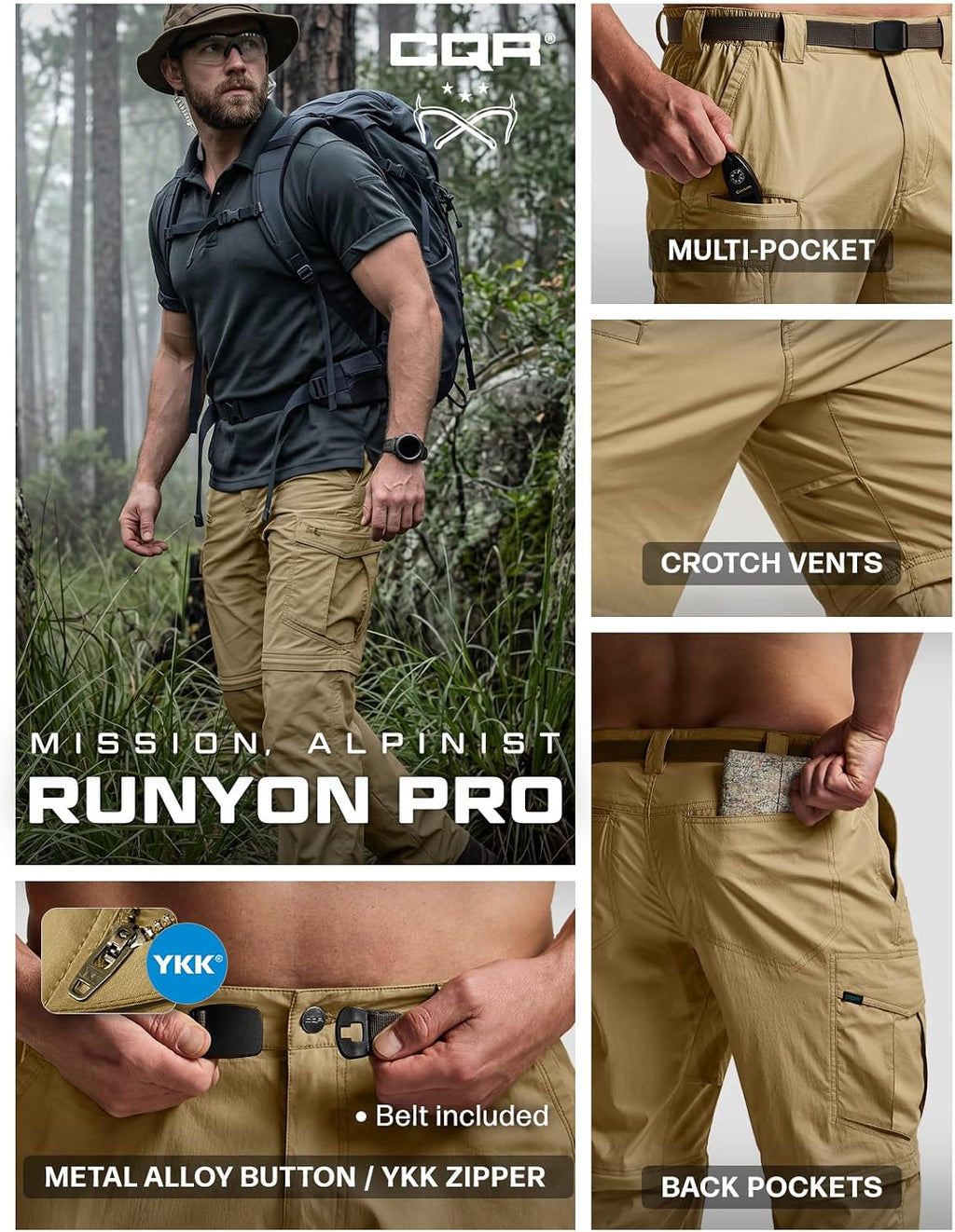 CQR Men's Convertible Cargo Tactical Pants, Water Resistant Outdoor Hiking Pants, Zip Off Lightweight Stretch Work Pants