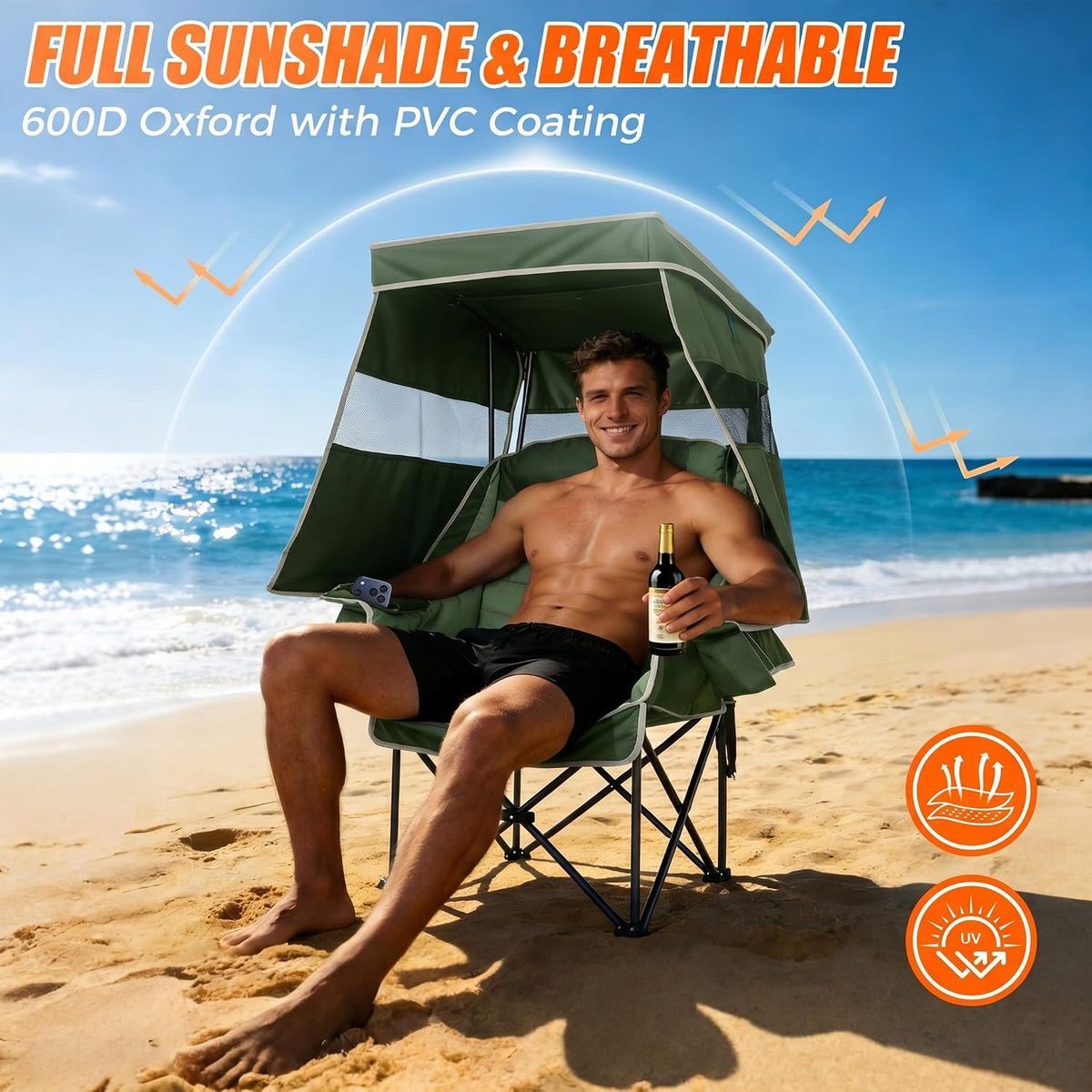Camping Chair with Canopy Shade Heavy Duty Folding Chair with Umbrella Cup Holder Oversized Beach Chairs with Canopy for Adults Portable Padded Outdoor Lawn Chair for Sports Fishing, 500LBS, Green
