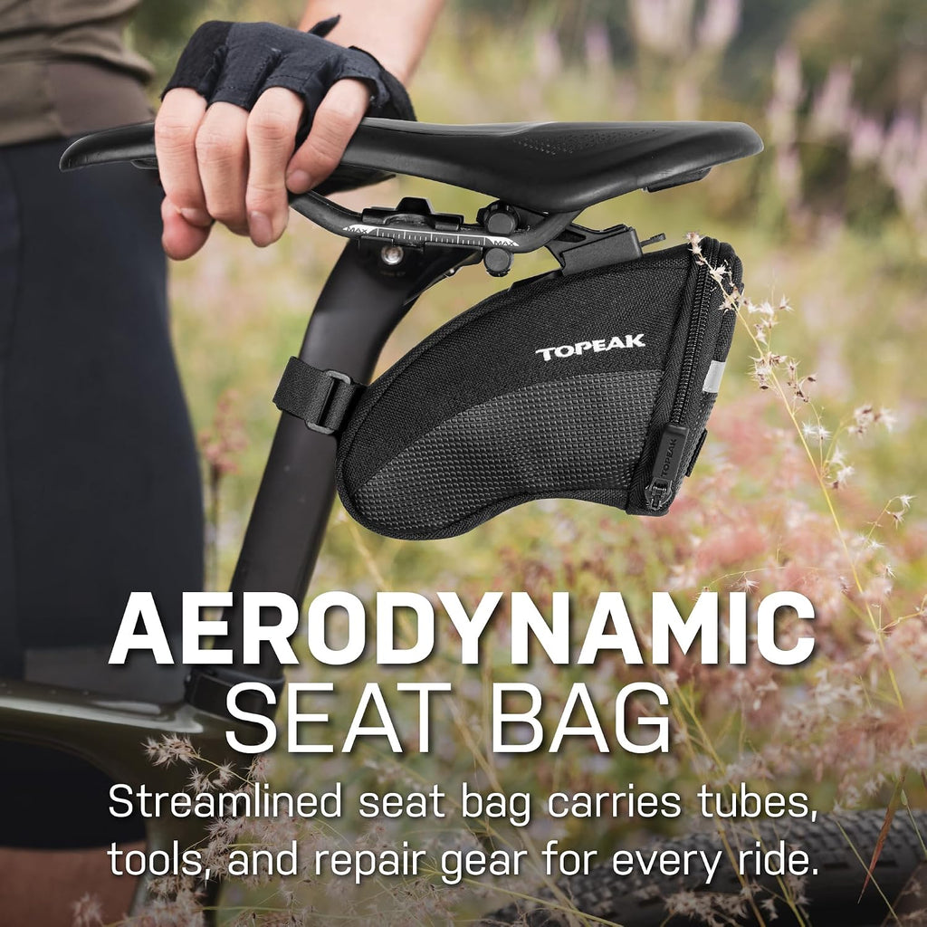 Topeak Aero Wedge Pack with Fixer F25 (Small), Compact Aerodynamic Bike Saddle Bag with QuickClick Mount, Durable 1000D Nylon, Reflective Strip, Safety Light Clip