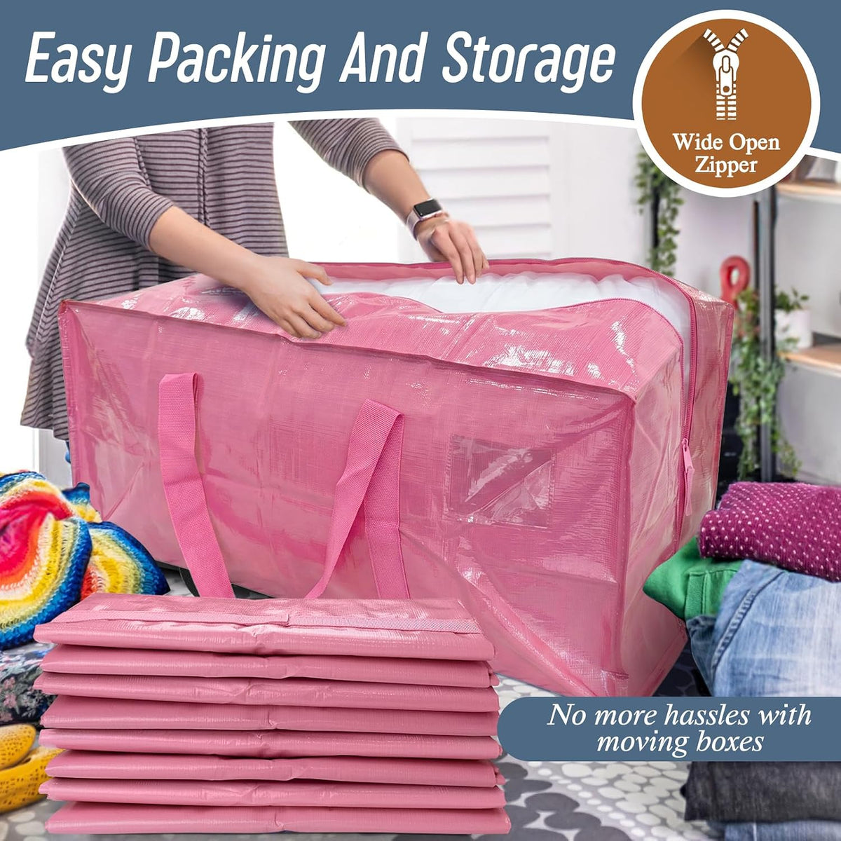 6 Pack Extra Heavy Duty Large Moving Bags with Strong Zipper, Pink