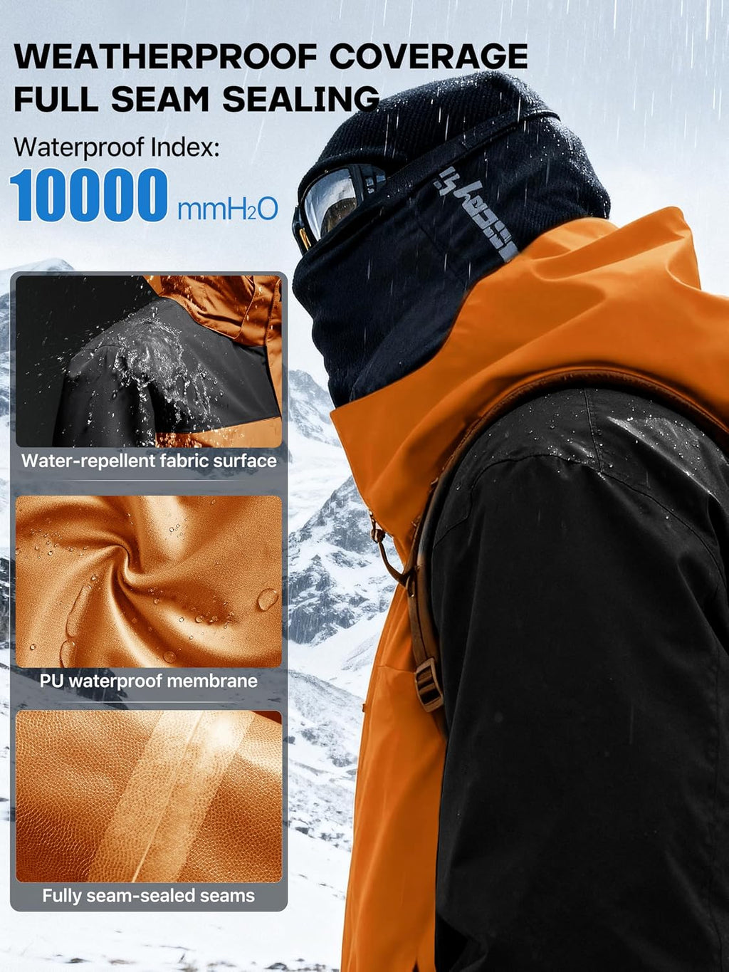FREE SOLDIER Men's Waterproof Ski Jacket Fleece Lined Warm Winter Snow Coat with Hood Fully Taped Seams