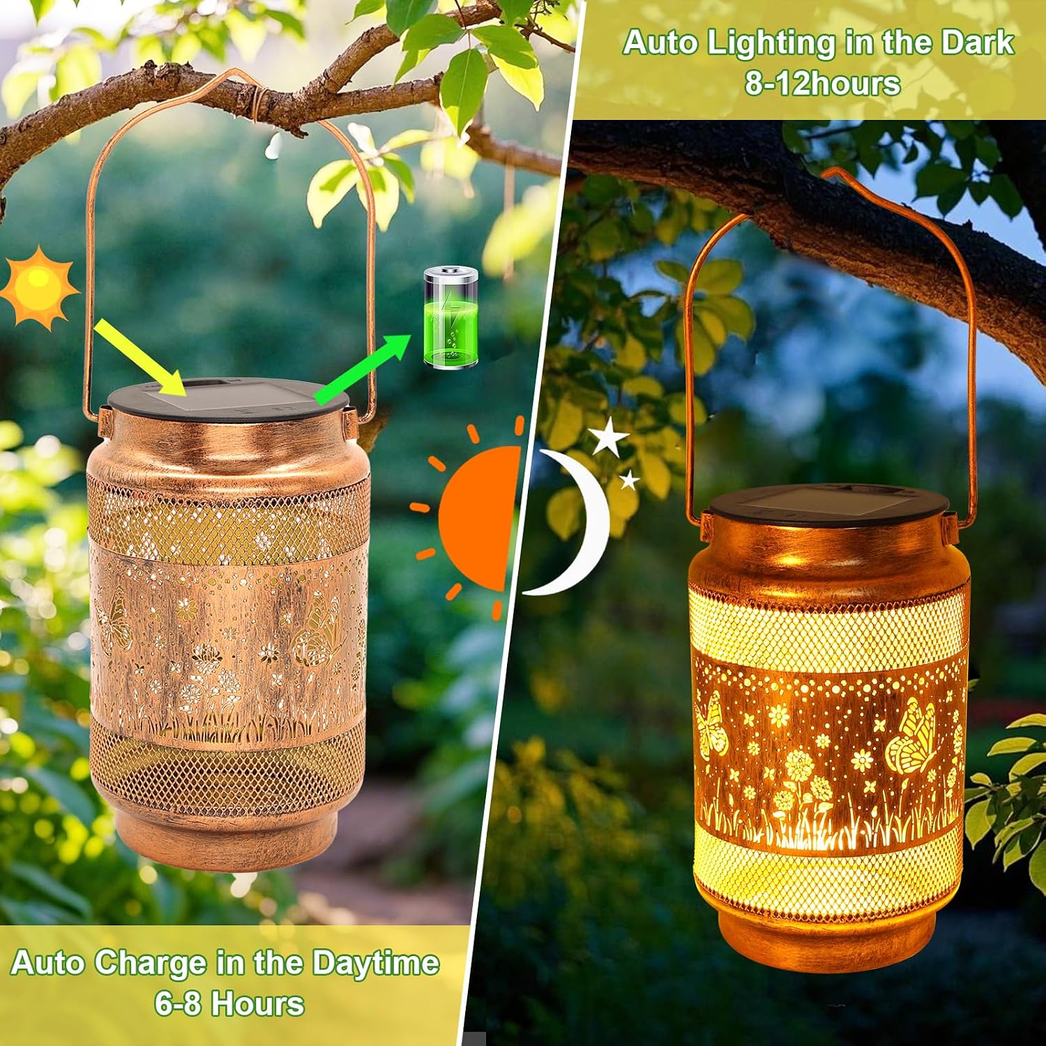 2 Pack Butterfly Solar Lanterns Outdoor Waterproof Solar Garden Decor, Birthday Gifts for Mothers Day Women Mom Grandma, Metal Hanging Lights with Shepherd Hook for Outside Yard Patio Pathway Porch