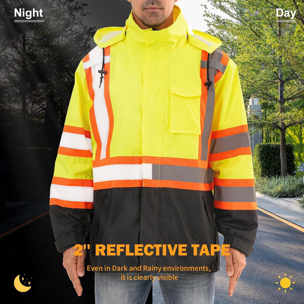 Reflective Rain jackets for men waterproof,Hi Vis Safety Coat With Reflective Strips，High Visibility Class 3 Rain jackets With 2 large pockets，Zipper,Lime,4XL/5XL