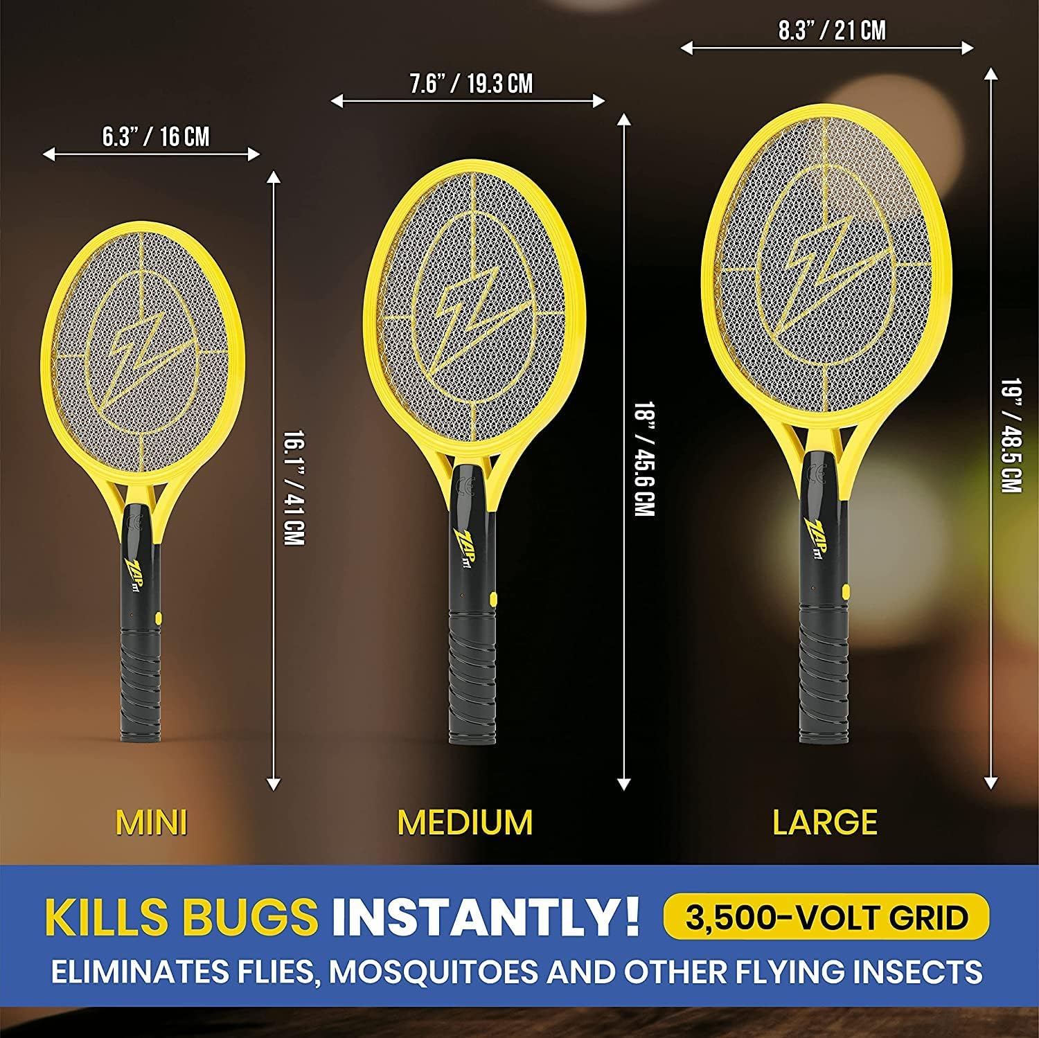 ZAP IT! Electric Fly Swatter Racket - 3,500 Volt Bug Zapper Racket - Battery-Powered Mosquito Zapper with 2 AA Batteries Included -Large-Yellow- Lightweight and Compact for Indoors or Outdoor