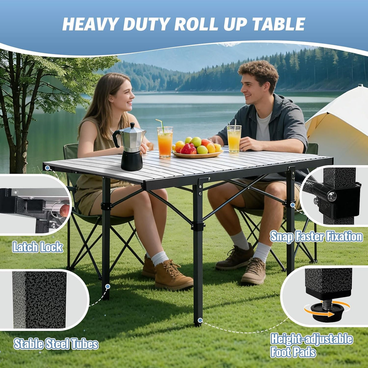 29.9" Tall Folding Camping Table for 2-6 Person, 54.7" Large Aluminum Foldable Roll-up Table Outdoor with Carry Bag for Picnic, Camp, Sturdy, Backyard, Patio