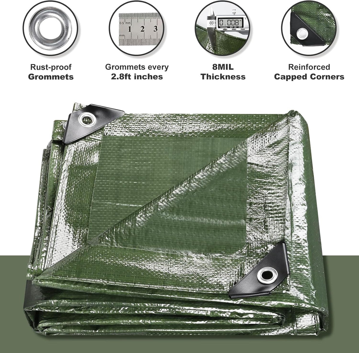 Tarps Waterproof 10x12 Feet, 2 Pack Heavy Duty Green Tarp Cover 8 Mil Thick, Resistant Plastic Tarpaulin with Metal Grommets, Outdoor Tent Cover for Emergency Rain