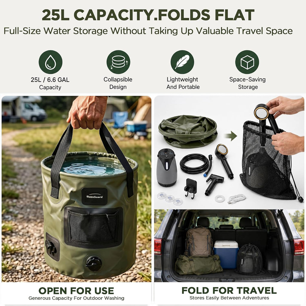 Portable Shower for Camping, 8000mAh Rechargeable Pump with LED Temperature & Battery Display, 25L Collapsible Bucket, 5 Levels Spray, IPX8 Waterproof, USB-C Charging, Camp Shower for Indoor Outdoor