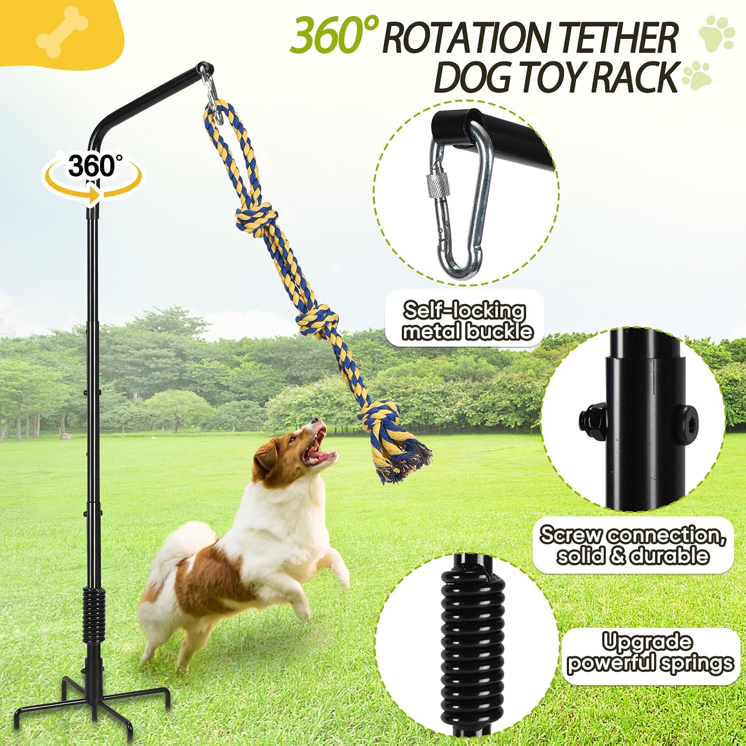 AugFir Tether Outdoor Dog Rope Toy with Strengthen Spring Pole, 3 Kinds Dog Tug of War Toys for Self Play and Interactive in Park, Yard, Lawn Rope, Suitable for Large Medium Small Dogs (Black)