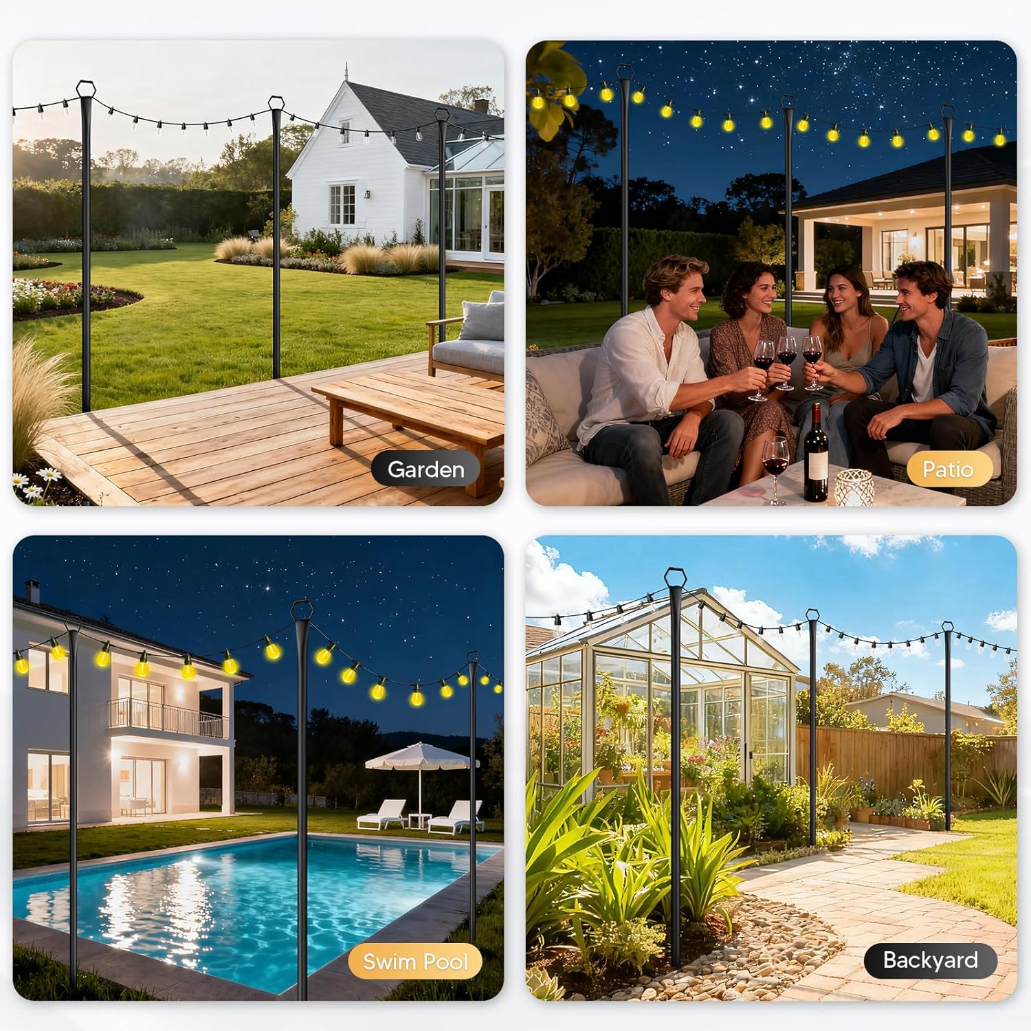 4 Pack String Light Poles for Outside, 10Ft Light Poles for Outdoor String Lights, Adjustable Outdoor String Light Poles with Fork,Metal Fence Post for Patio,Backyard,Deck