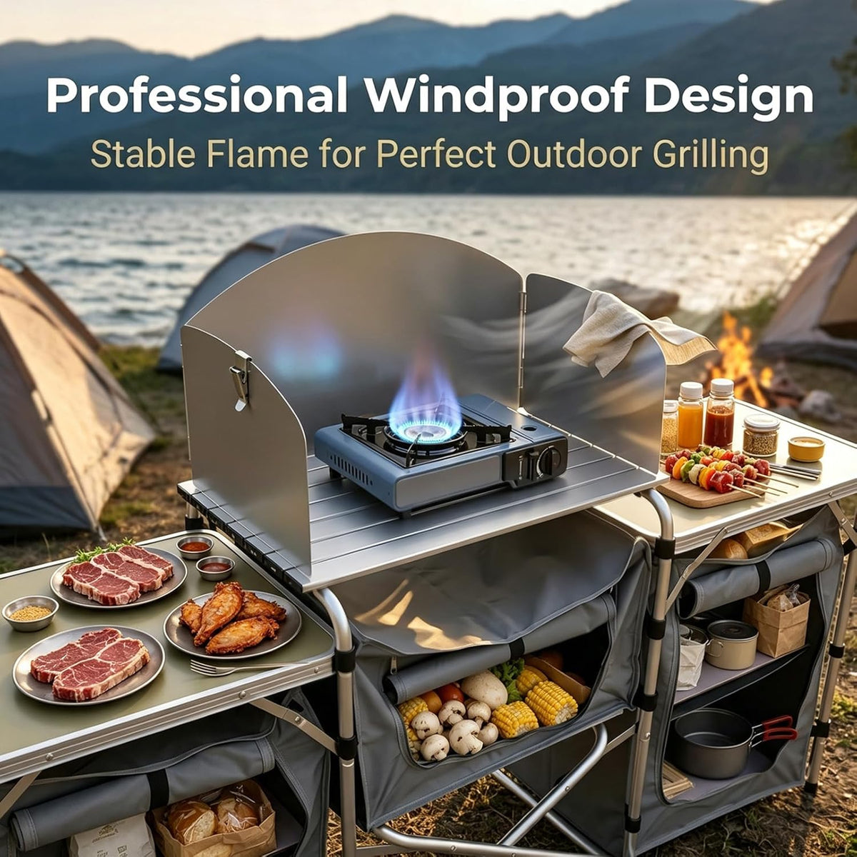 Folding Camping Kitchen Table, Outdoor Cooking Table with Storage