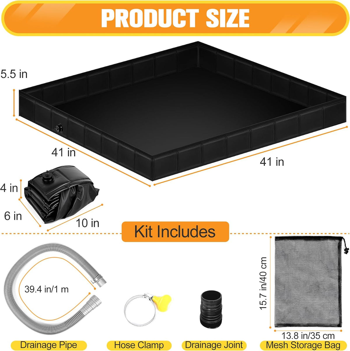 Upgraded Portable Shower Pan 41"x41"x5" - Heavy-Duty Non-Slip Base with Drain Hole & Mesh Storage Bag | Collapsible Camp Shower Tray for RV, Beach, Glamping | Leakproof Outdoor Bath Floor