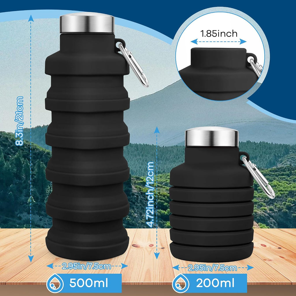 Collapsible Water Bottle,17oz Reusable BPA Free Silicone Foldable Water Bottles for Travel Gym Camping Hiking Outdoor Indoor Sport-(Black+Gray)