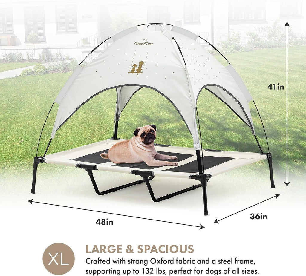 GRANDTIES Cooling Elevated Dog Bed with Canopy – XL Portable Pet Cot for Outdoor & Indoor Use – Waterproof Removable Shade, Breathable Mesh, Slip-Resistant Feet, Easy Assembly – Ivory White