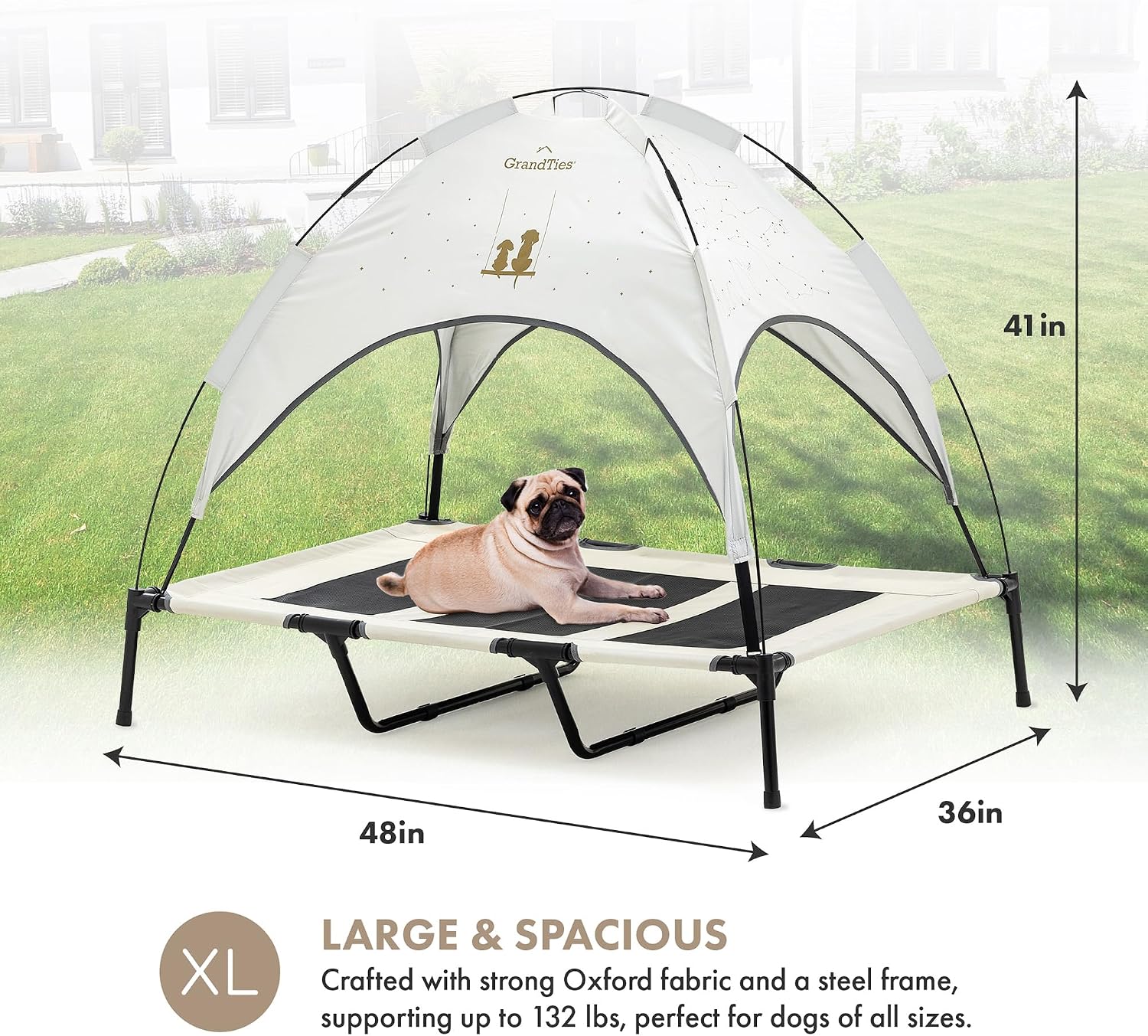 GRANDTIES Cooling Elevated Dog Bed with Canopy – XL Portable Pet Cot for Outdoor & Indoor Use – Waterproof Removable Shade, Breathable Mesh, Slip-Resistant Feet, Easy Assembly – Ivory White