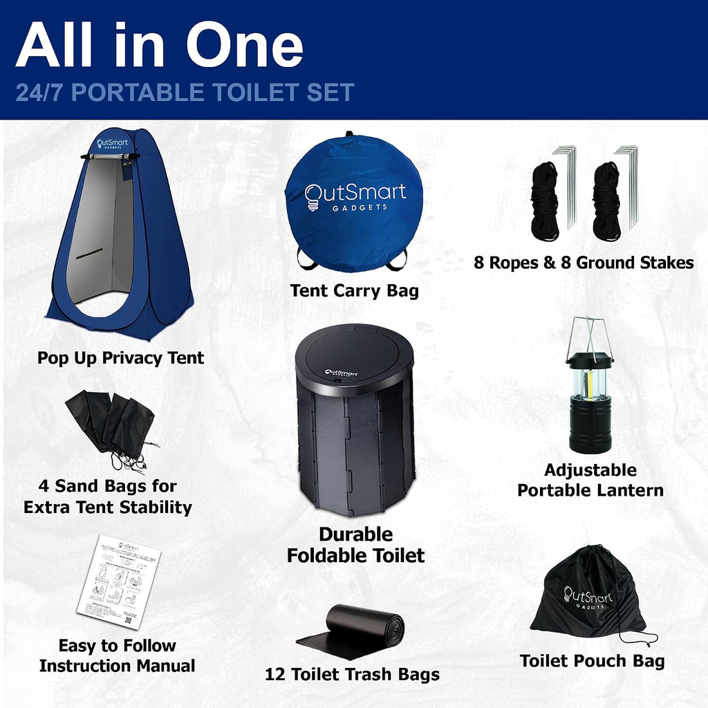 Outsmart Gadgets Outdoor Portable Toilet Set for Adults with Camping Night Lantern, Folding XL Toilet, Pop Up Privacy Tent and Carry Bags, Multipurpose Potty, Washable and Foldable for RV Travel