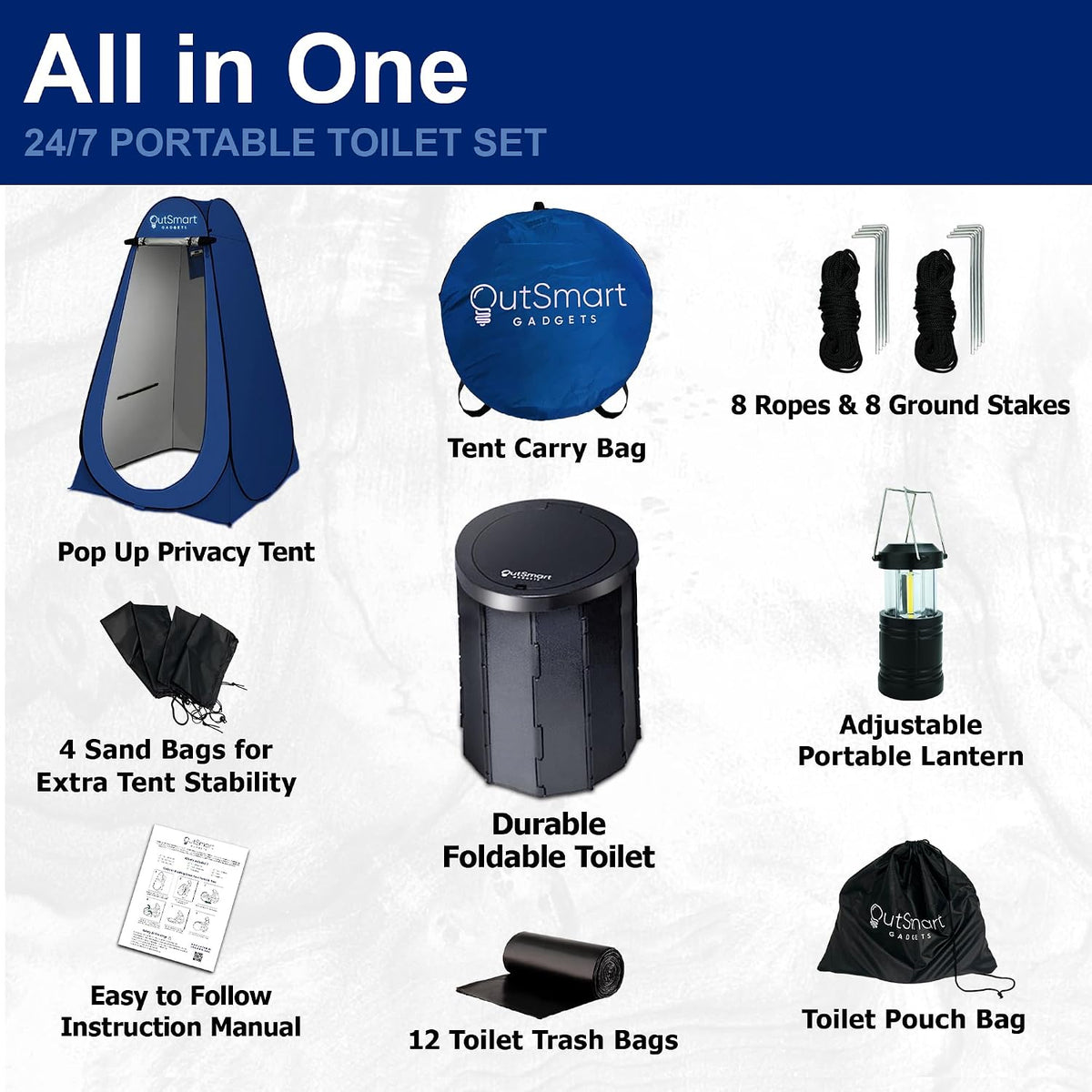 Outsmart Gadgets Outdoor Portable Toilet Set for Adults with Camping Night Lantern, Folding XL Toilet, Pop Up Privacy Tent and Carry Bags, Multipurpose Potty, Washable and Foldable for RV Travel