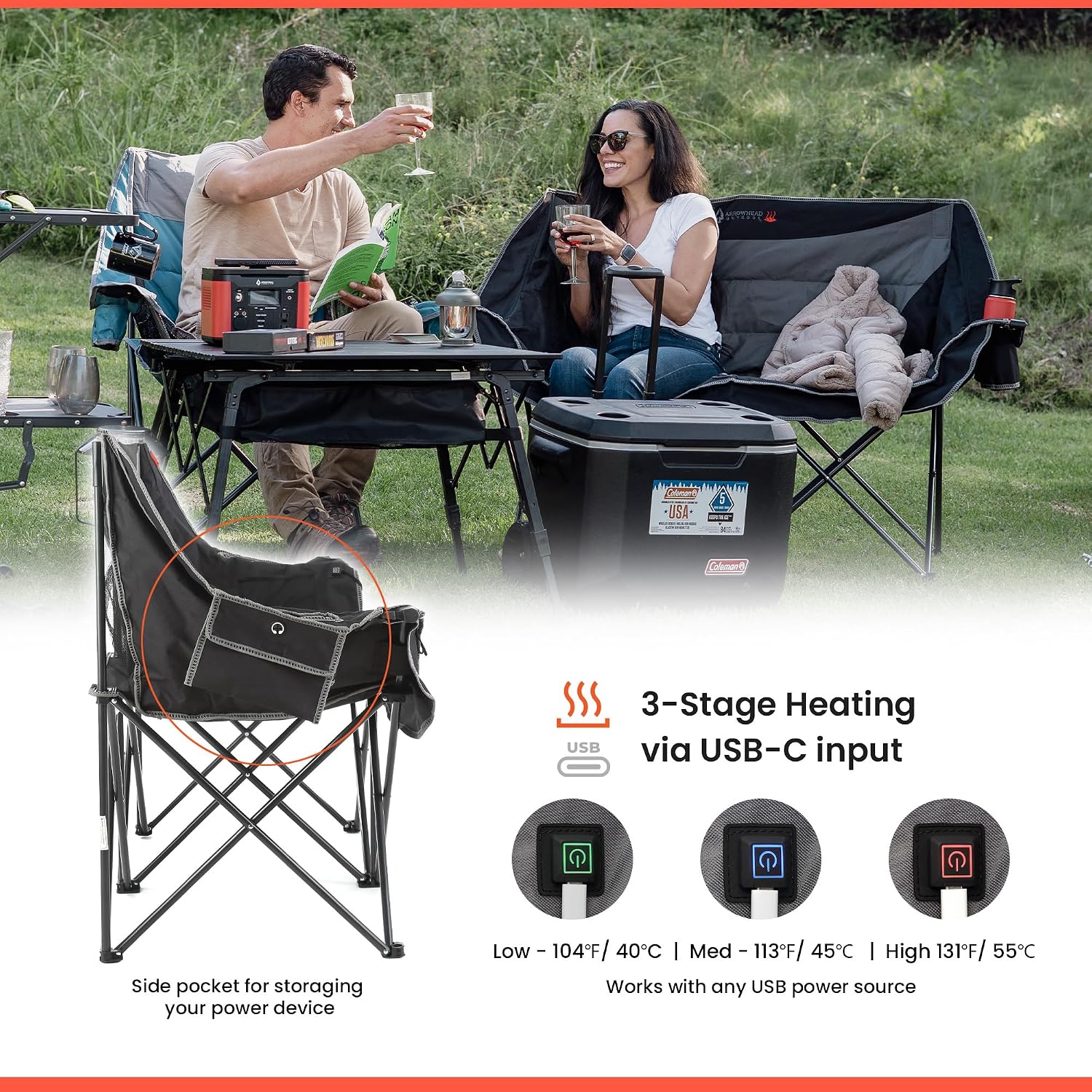 ARROWHEAD OUTDOOR Wide Duo Foldable Heated Camping Loveseat Chair, Black
