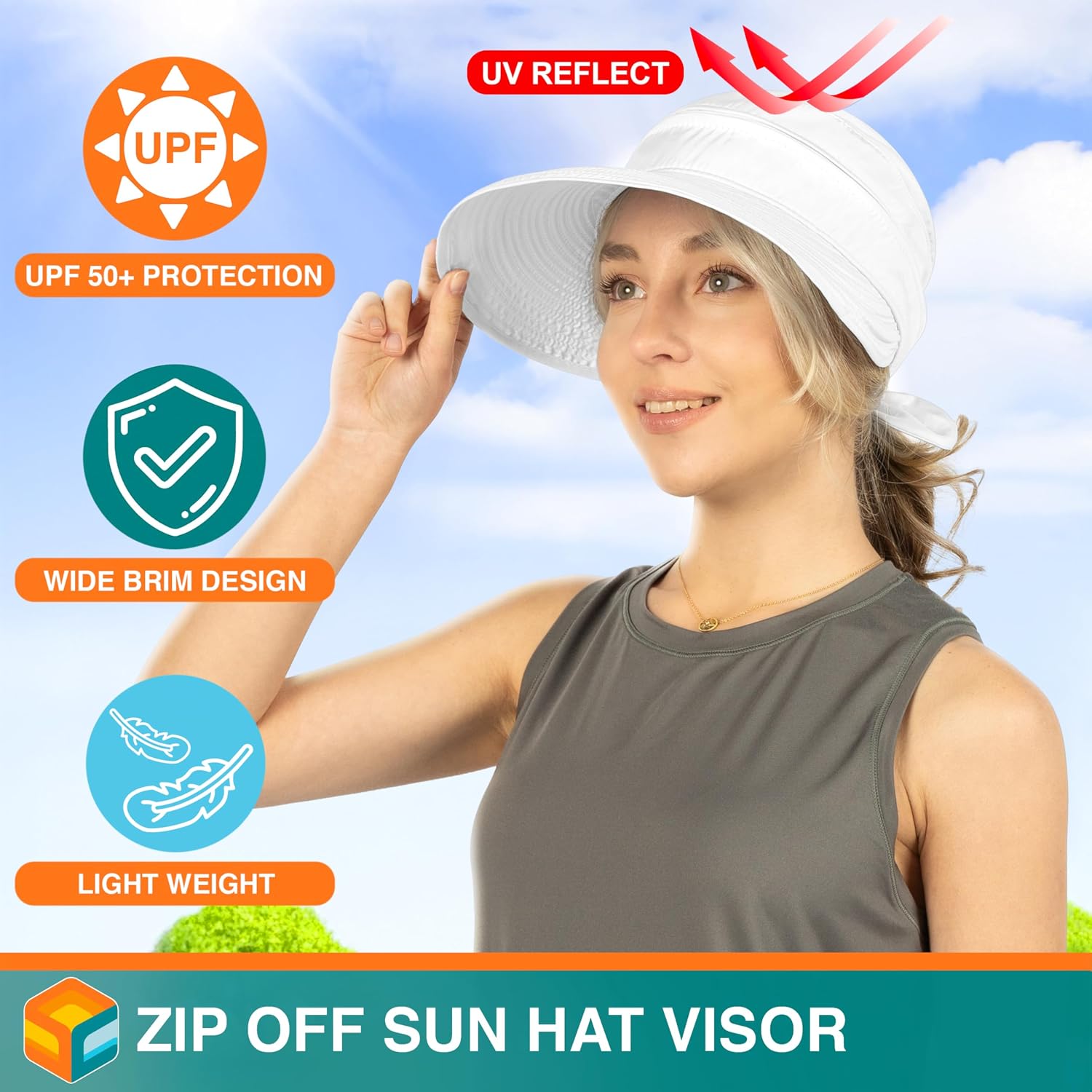 SUN CUBE Womens Sun Hat UV Protection Wide Brim Zip-Off Golf Visor