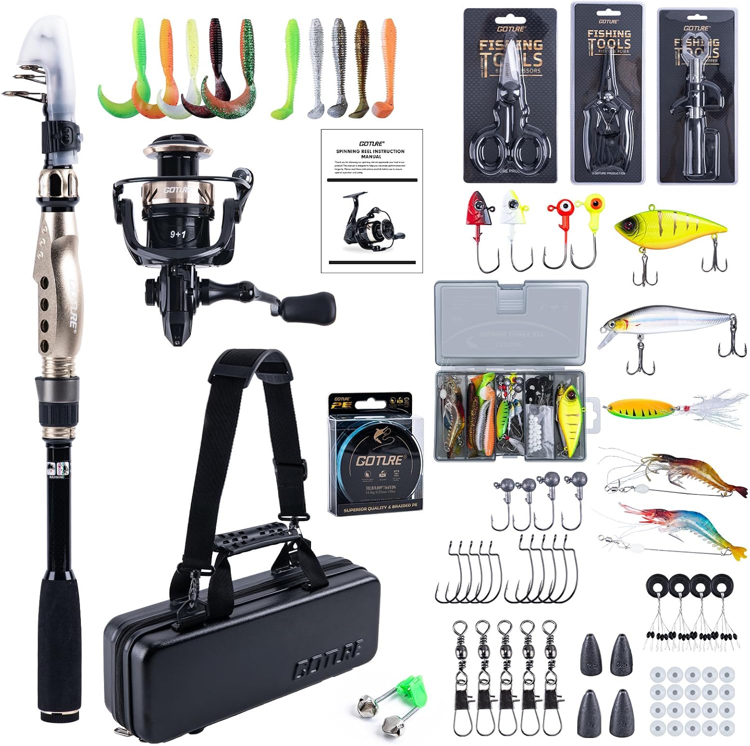 GOTURE Telescopic Fishing Rod and Reel Combos, Carbon Fiber Travel Fishing Pole, 9+1 BB Spinning Reel, Saltwater Freshwater Fishing Gear Kit with Braided Line, Lures, Carrier Bag for Bass Trout