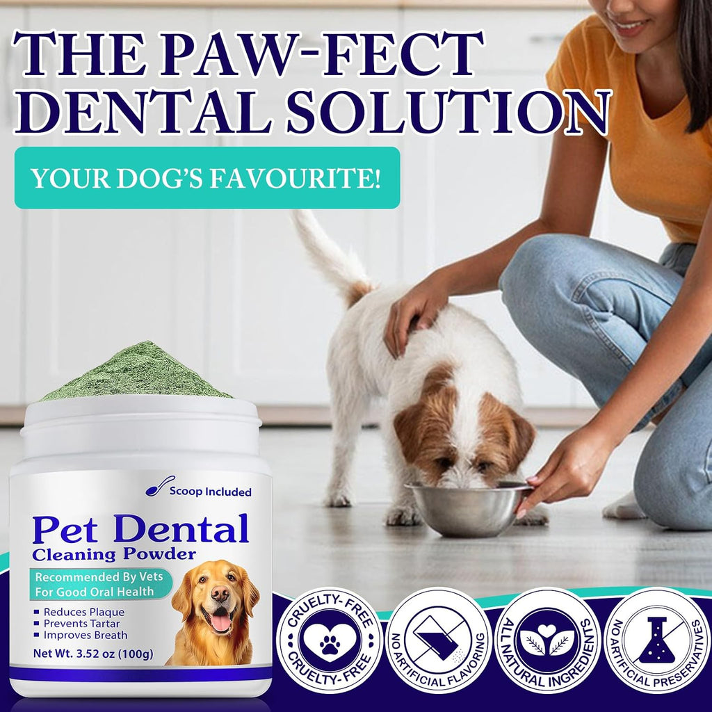 Dog Teeth Cleaning Powder - Dog Dental Powder - Dog Breath Freshener - Targets Tartar & Reduces Plaque & Bad Breath - Teeth Cleaning Made Easy Eliminate - Formulated for Small, Medium, Large Dogs