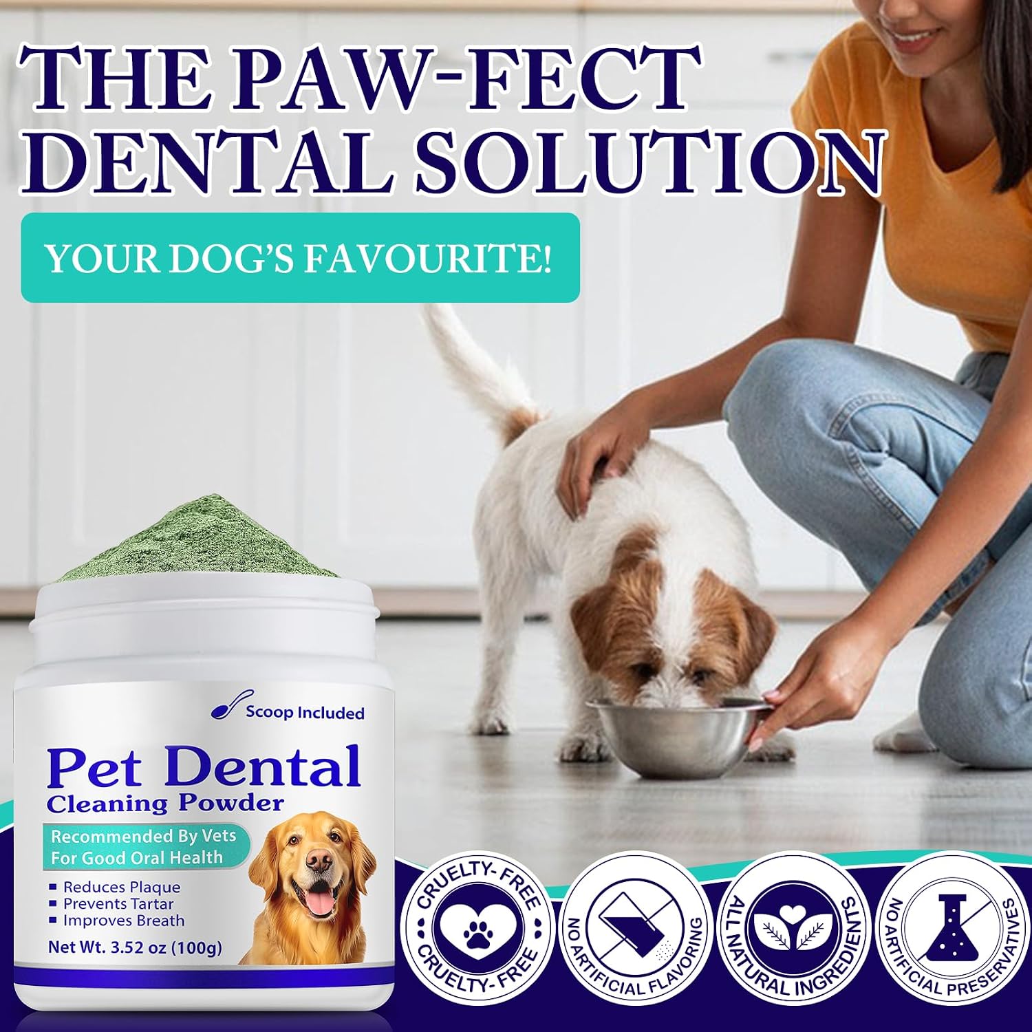 Dog Teeth Cleaning Powder - Dog Dental Powder - Dog Breath Freshener - Targets Tartar & Reduces Plaque & Bad Breath - Teeth Cleaning Made Easy Eliminate - Formulated for Small, Medium, Large Dogs