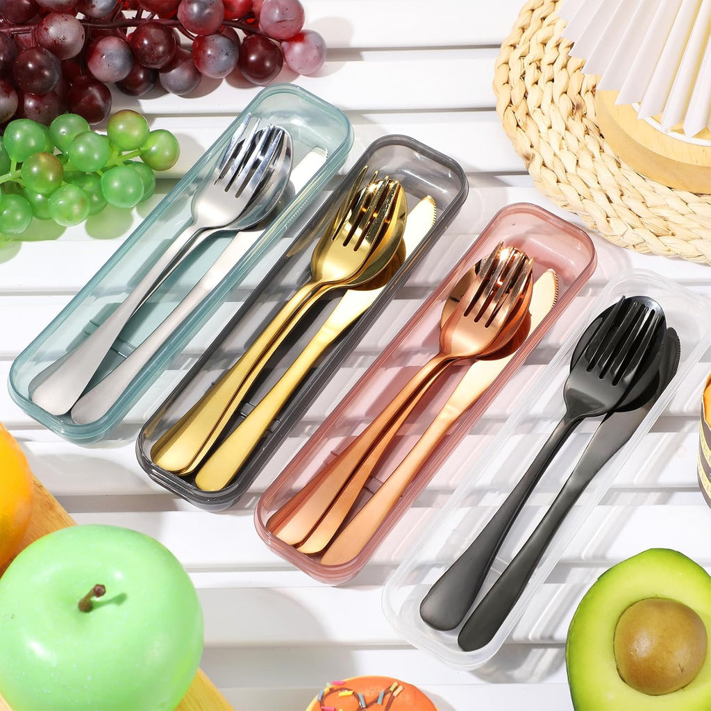 Yinkin 4 Pack Travel Silverware Set with Case for Lunch,Gold