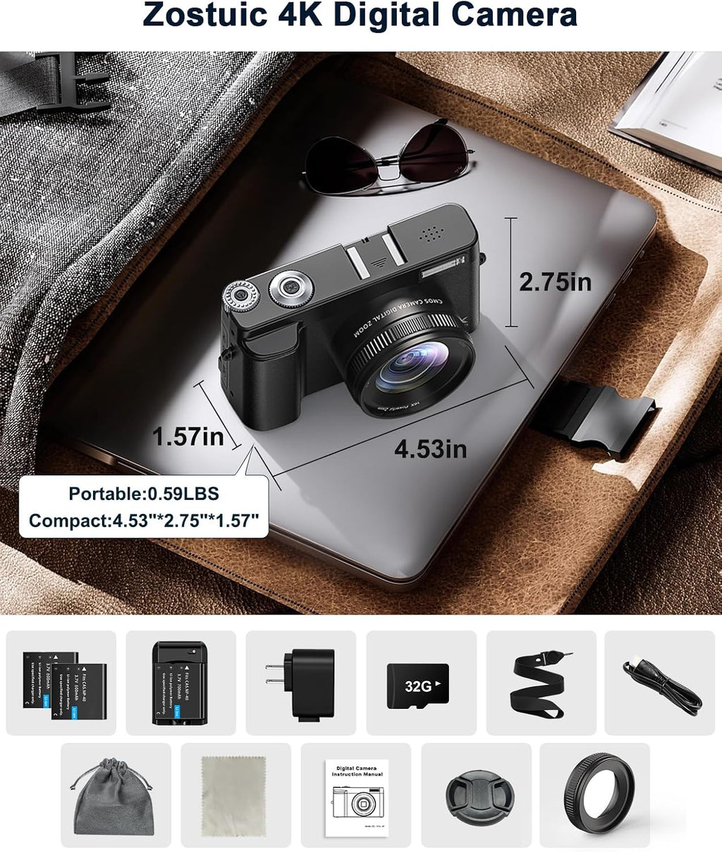 4K Digital Camera for Beginners & Teens, with Flip Screen, 32G Card(Black)