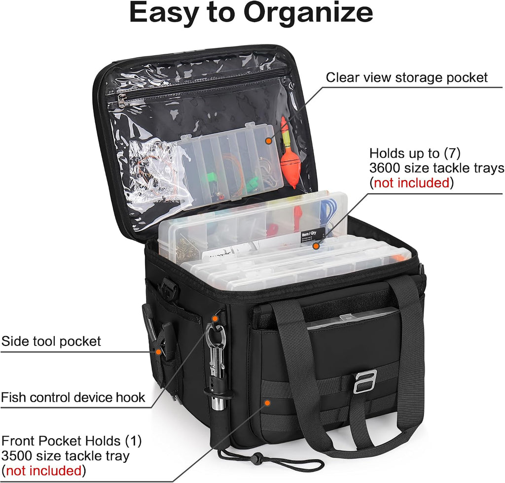 30L Large Fishing Tackle Bag, Waterproof, Double Deck, Black