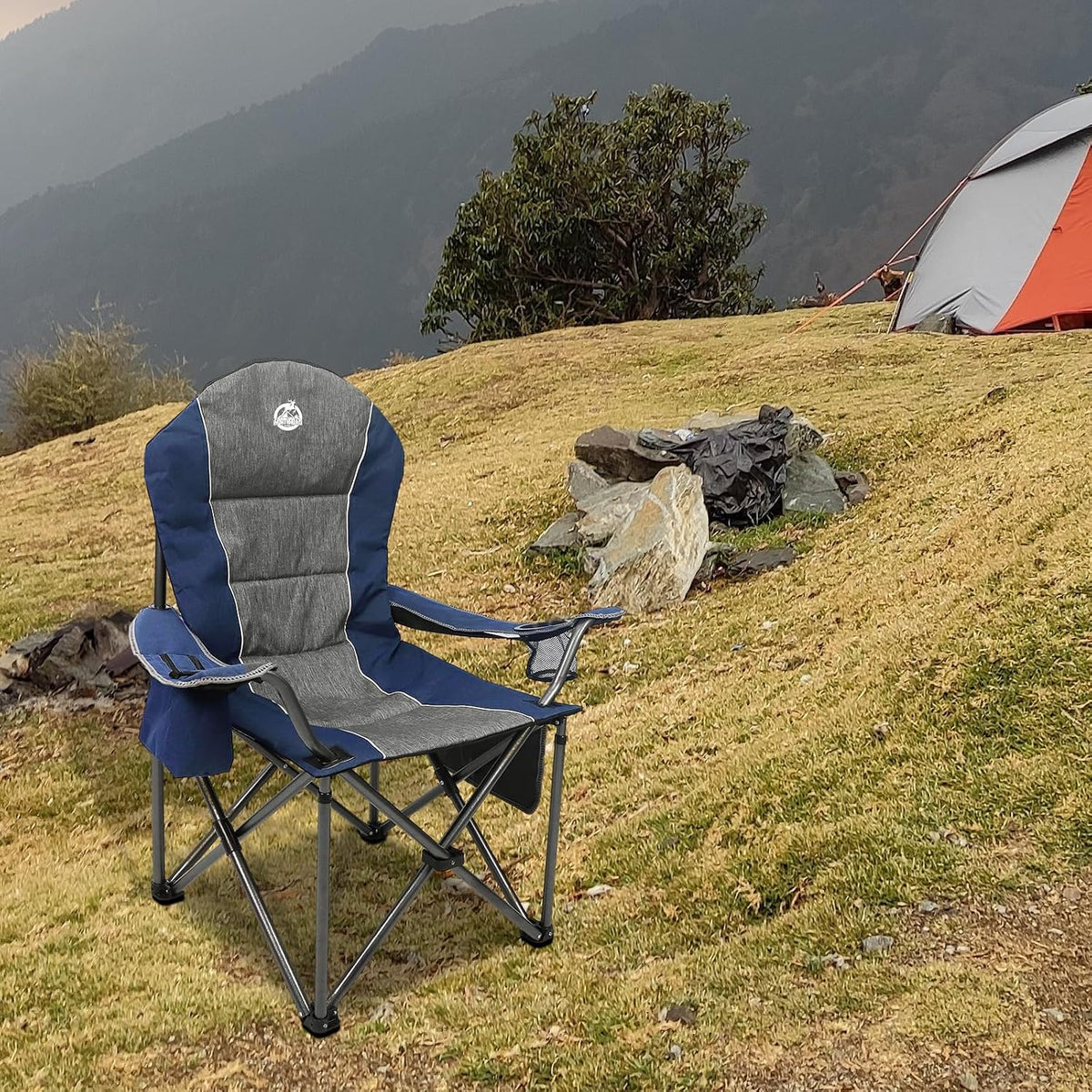 Northroad Oversized Portable Camping Chair, Full Padded Outdoor Folding Chair Support 350 LBS, Heavy Duty Lawn Chair with Cup Holder, Cooler Bag, Lumbar Support, Head Pocket for Adult-Blue