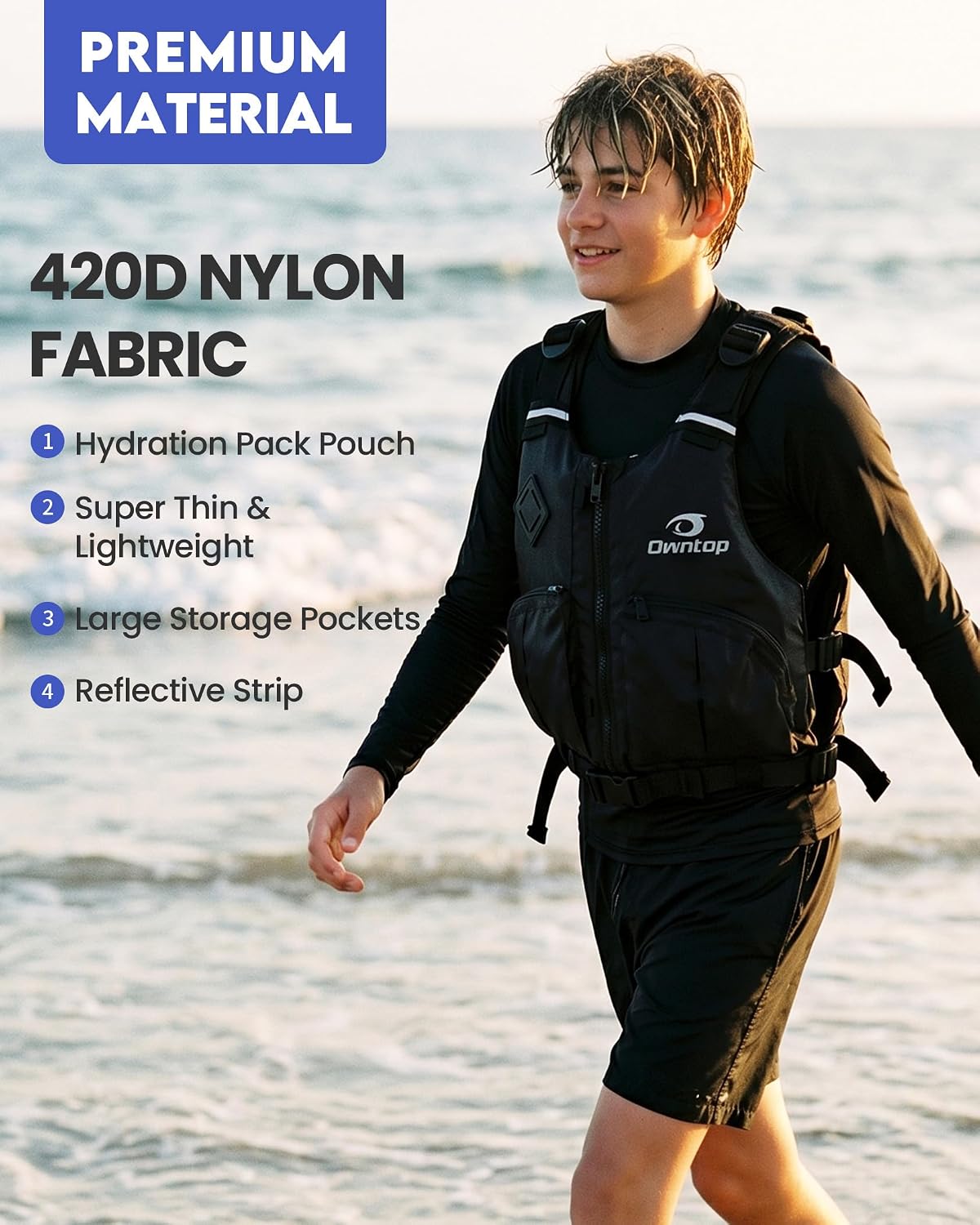 Owntop Women & Men Swim Vest for Kayaking & Paddle Sports, Adjustable Swimming Vest for Adult, Large Armhole Swim Jacket with Waist Strap for Fishing & Boating