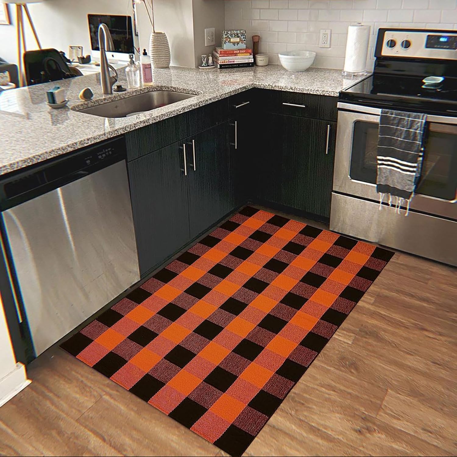 Fall Outdoor Rug Orange Buffalo Plaid Outdoor Rug Cotton Hand-Woven Buffalo Check Rug Layered Doormats for Front Door/Front Porch/Farmhouse/Entryway/Patio (Orange and Black Plaid, 3' x 5')