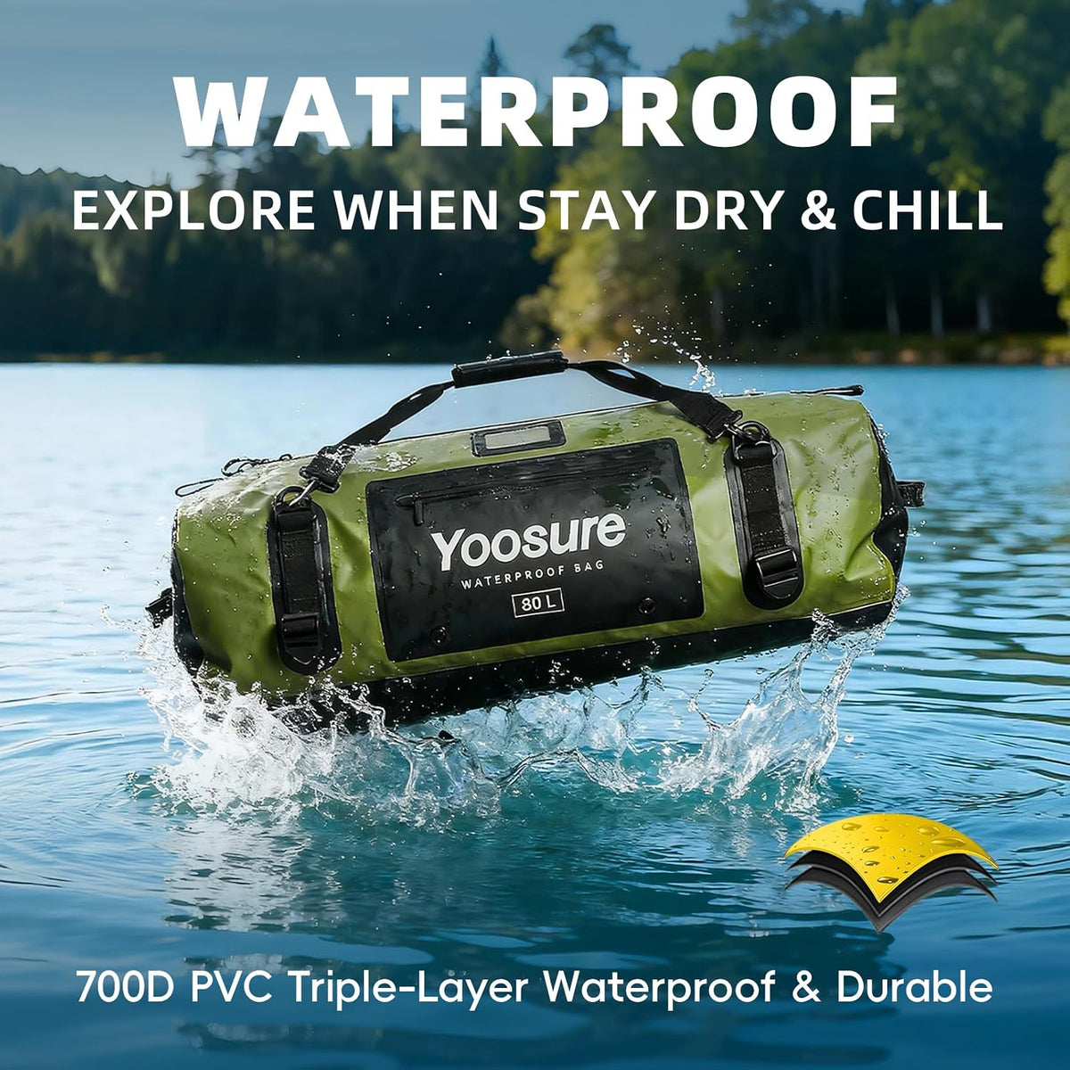 80L Waterproof Duffel Bag Motorcycle Dry Bag Backpack, Waterproof Zippered Bags with Backpack Spacer Pad for Kayaking Rafting Boating Canoeing Camping Paddle Beach (Green)
