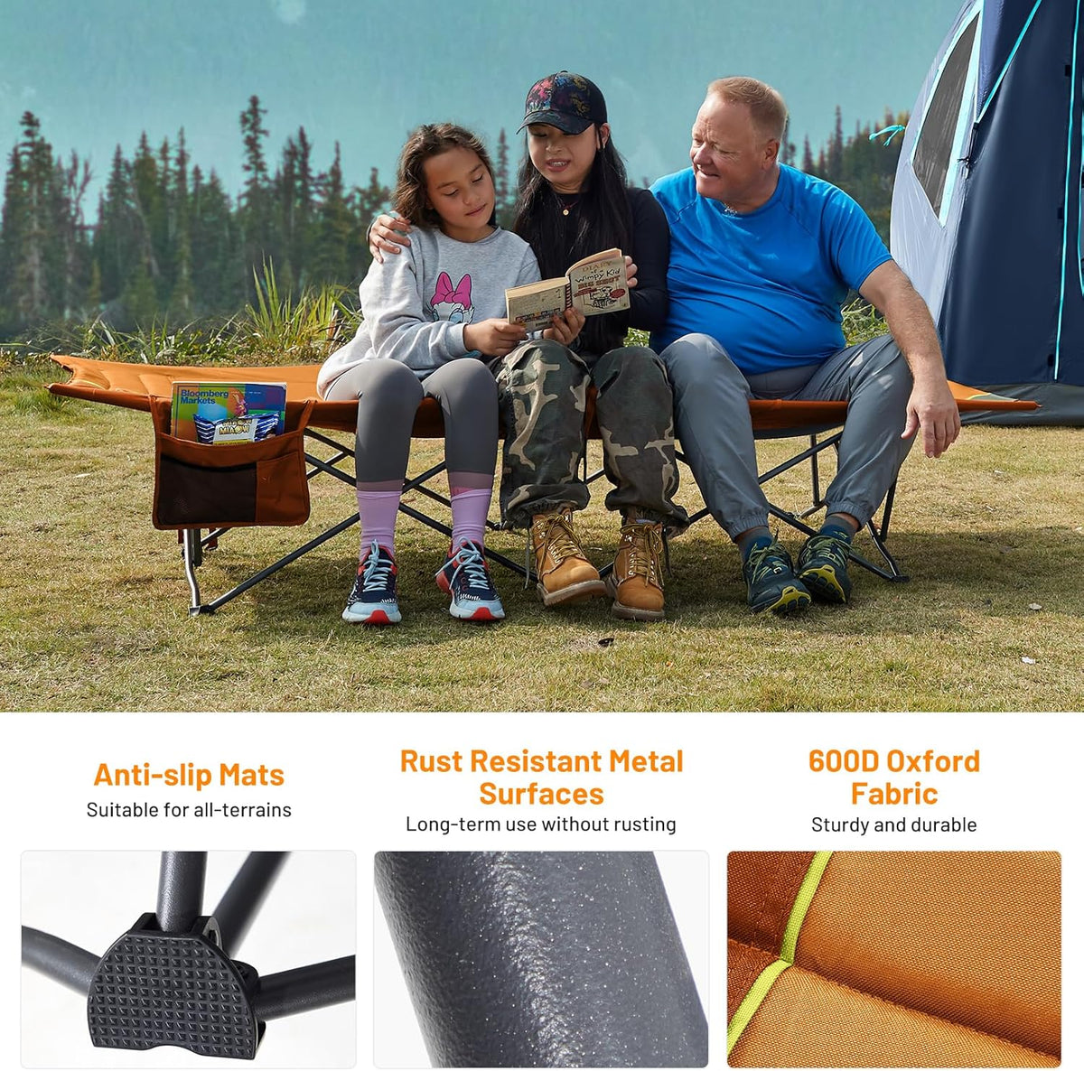 Timber Ridge Extra Wide Heavy Duty Camping Cot for Adult, Easy Set Up Oversized Sleeping Cot with Carry Bag for Camping, Travel and Outdoors, Support up to 450lbs, Orange, 2 Pack