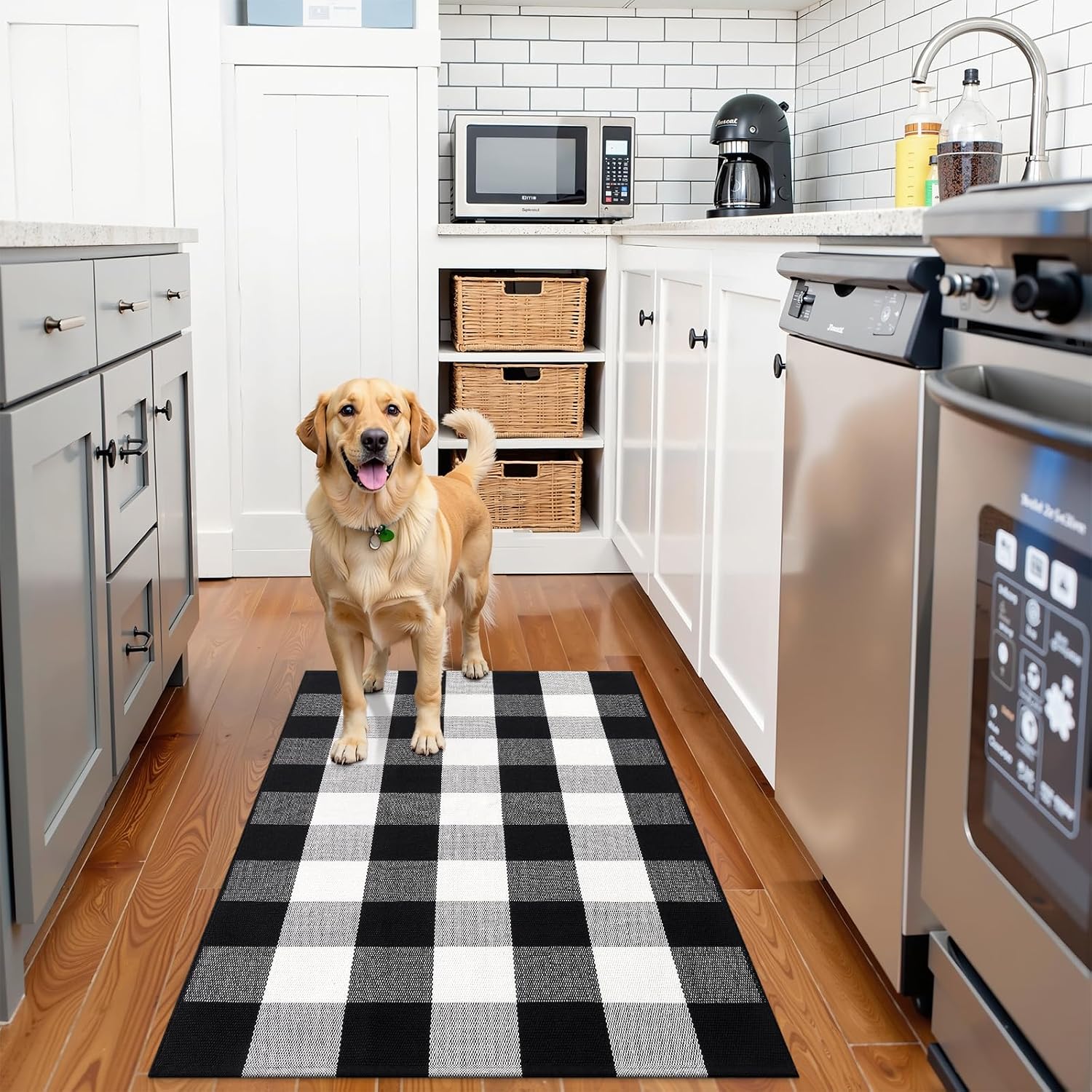 OLANLY Buffalo Plaid Rug 2'4" x 3'7" (27.5" x 43") – Black and White Cotton Checkered Doormat, Washable Indoor Outdoor Rug for Layered Front Porch, Kitchen, Entryway Decor