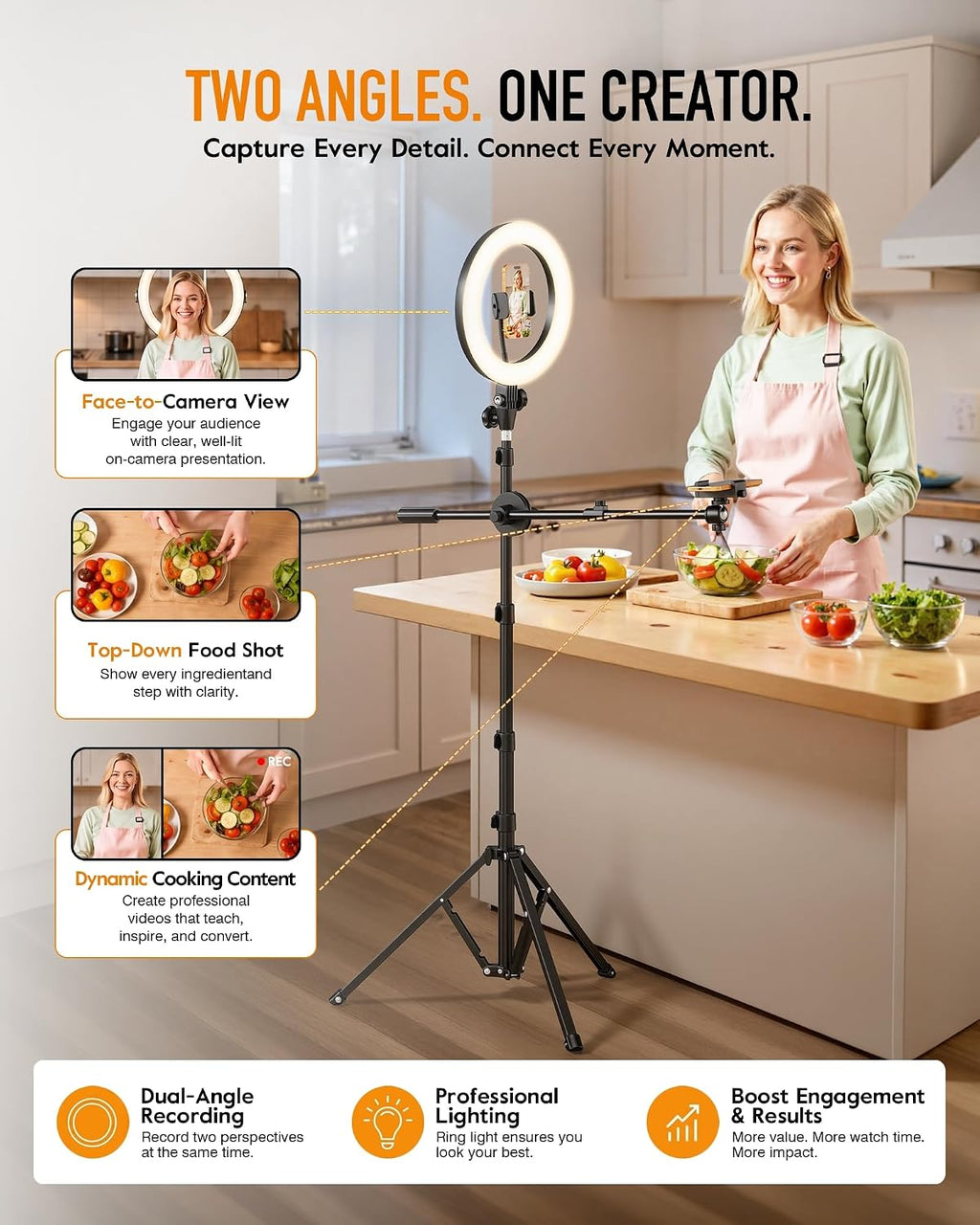 Upgrade Tripod Ring Light Stand with 2 Telescopic Arms -67" Ring Light Tripod for iPhone&Android, Overhead Phone Mount with Remote, Phone Stand for for TikTok, YouTube，Zoom & Video Recording