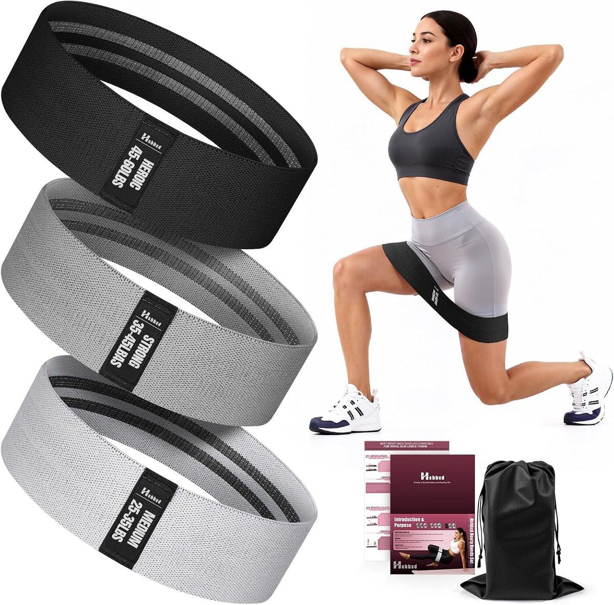 Fabric Resistance Band Set with Exercise Guide, 3 Levels for Hip and Glute