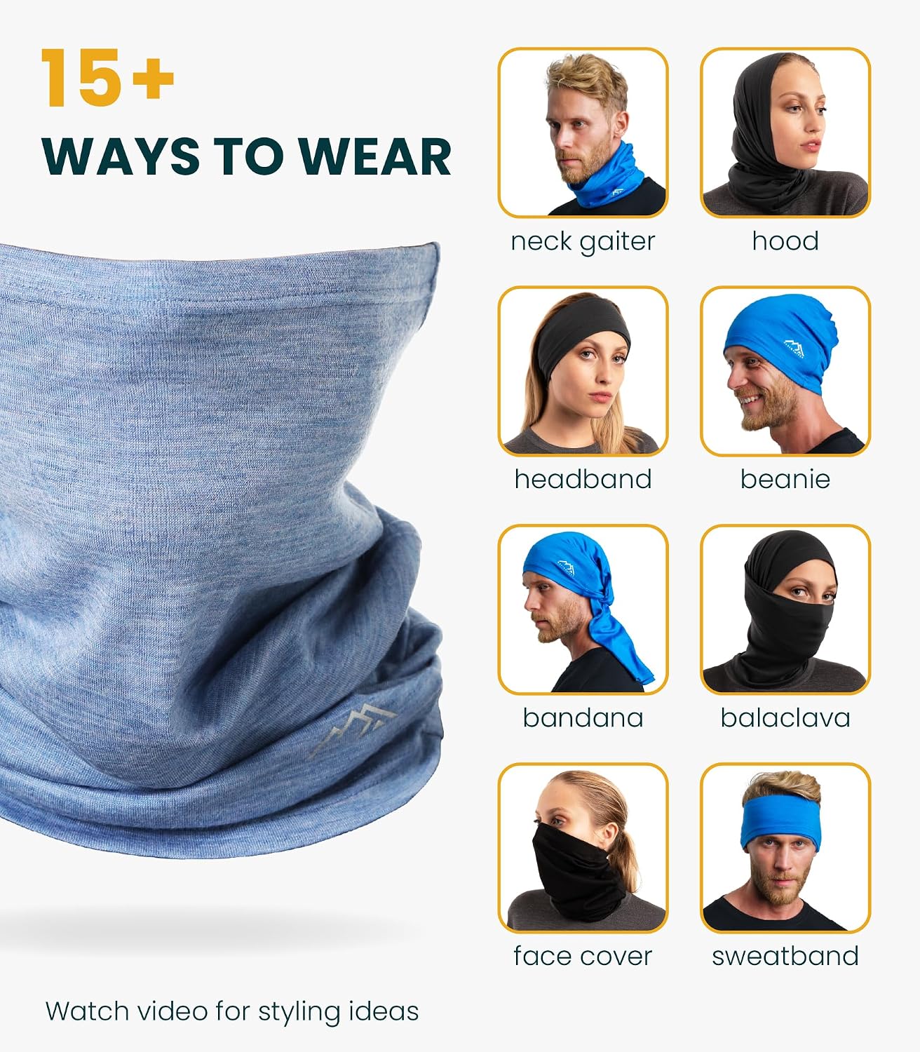 100% Merino Wool Neck Gaiter, 17.5um Face Mask, Unisex Neck Warmer 1-2 Pack